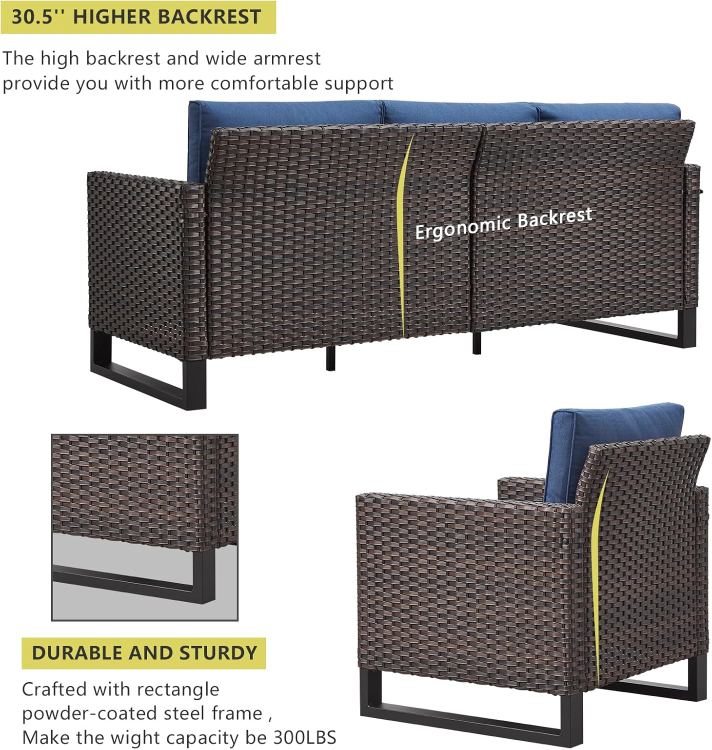 HUMMUH 7 Piece Patio Furniture Set Outdoor Sectional Sofa,High Back Patio Swivel Rocker Chairs with Ottomans Coffee Table for Porch,Garden,Backyard(Brown/Blue)