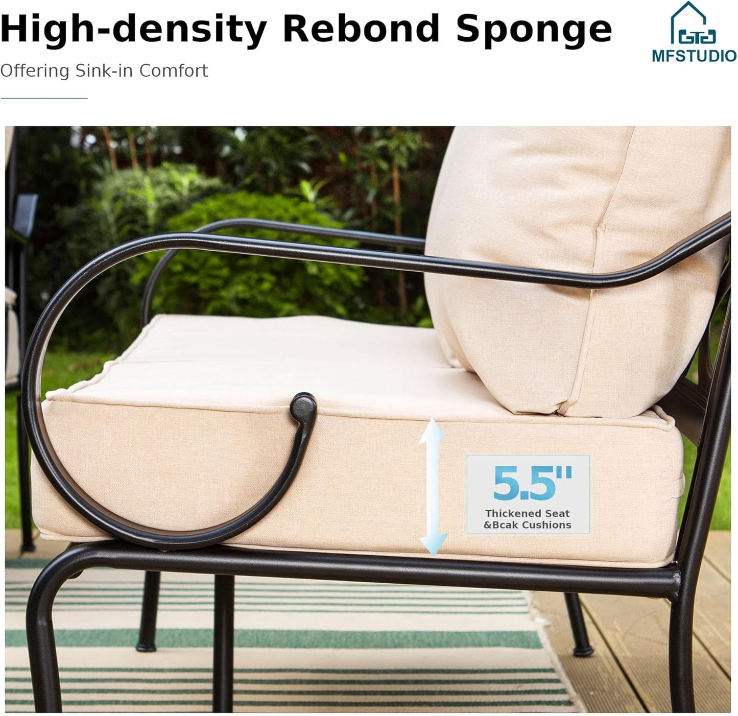 MFSTUDIO 5 Seats Large Metal Patio Conversation Sets, 4 Pieces Outdoor Furniture Sofa with 2 Swivel Chairs, 1 Sofa(3-seat) and Table for Outside Balcony Backyard Poolside
