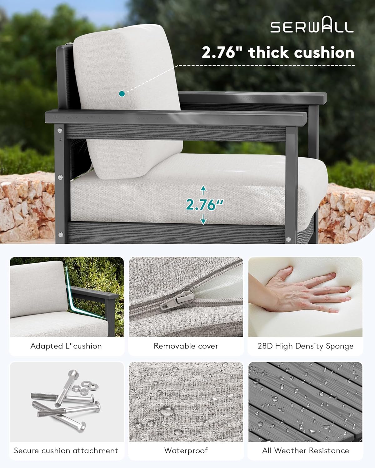 SERWALL 4 Pieces HDPE Outdoor Sofa Set with Cushions, All Weather Use Loveseat Furniture Sofa Set, Outdoor Conversation Couch with Coffee Table for Patio, Grey Frame with Khaki Cushions