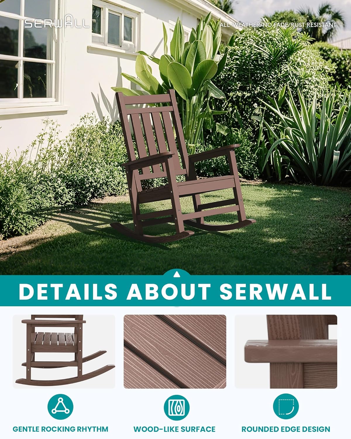 SERWALL HDPE Outdoor Rocking Chair Set of 6, Patio Rocking Chairs for Adults, All Weather Outdoor Rockers for Lawn, Brown
