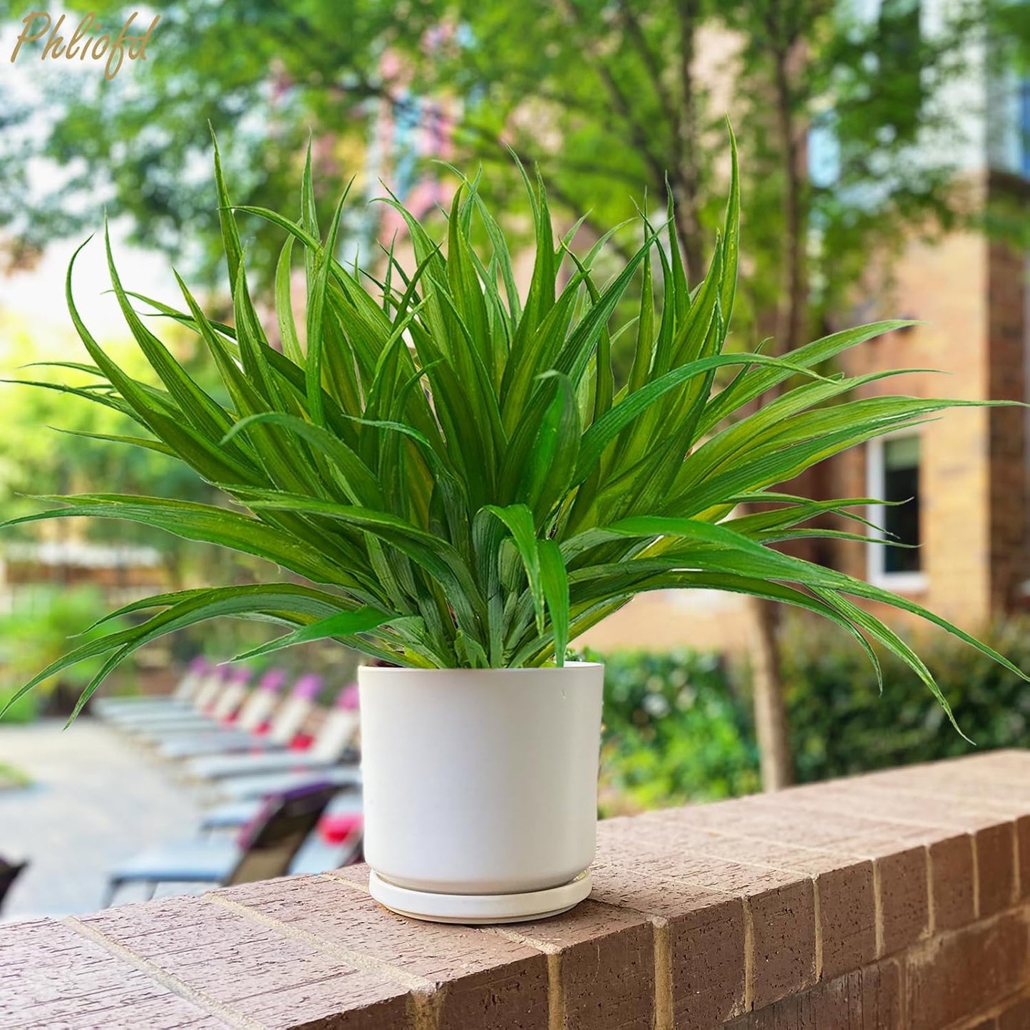 16Pcs Artificial Grass Fake Plants 17.3in 16 Leaves Outdoor Fake Grass UV Resistant Greenery Plastic Plants for Home Window Garden Patio Hanging Planter Pathway Front Porch Décor Green