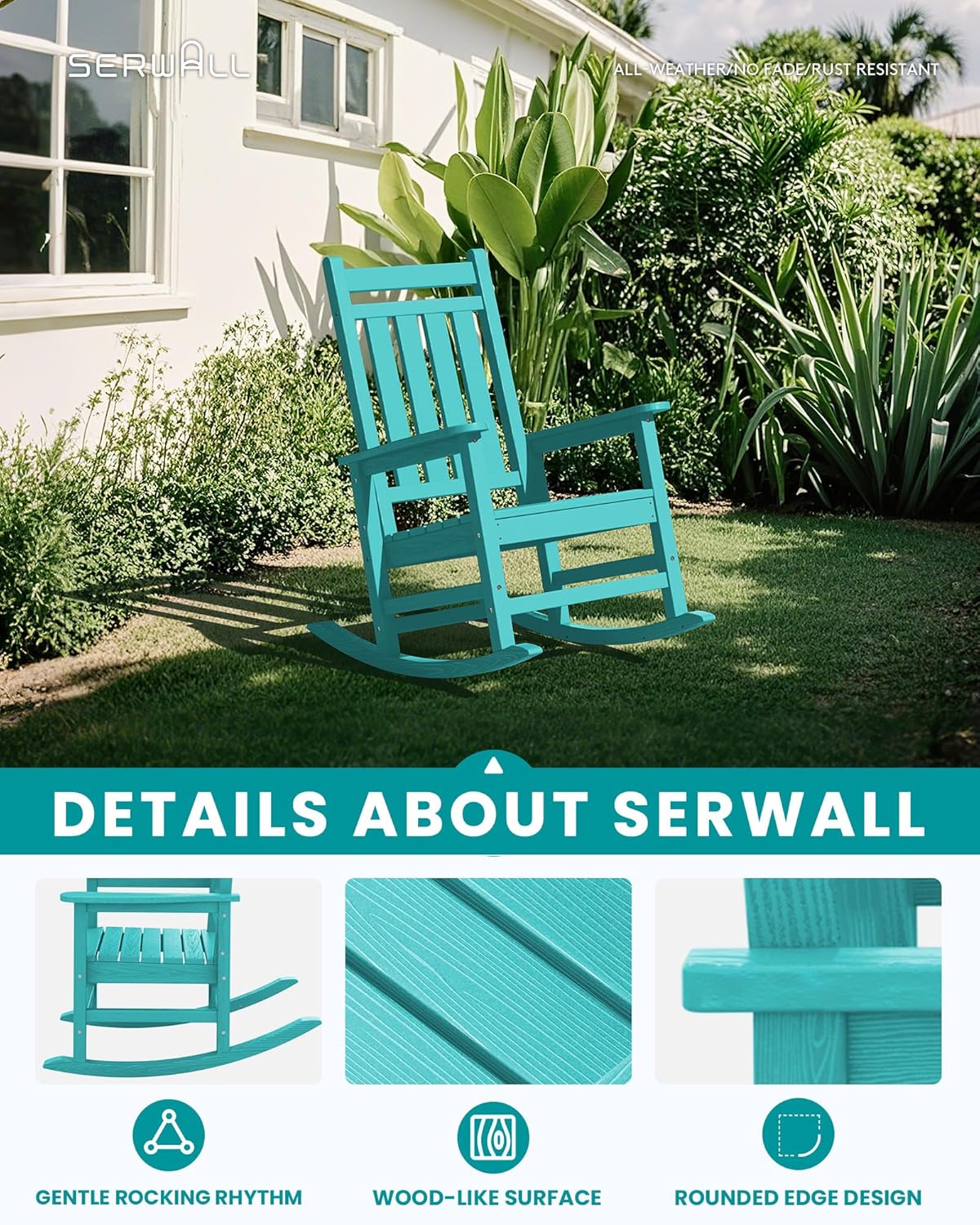 SERWALL HDPE Outdoor Rocking Chair Set of 6, Patio Rocking Chairs for Adults, All Weather Outdoor Rockers for Lawn, Aruba