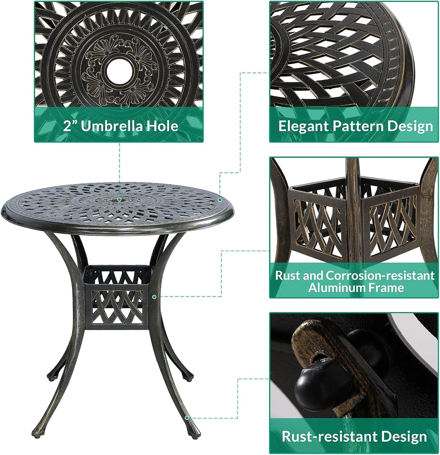 VIVIJASON 3-Piece Outdoor Patio Bistro Set, All-Weather Cast Aluminum Furniture Dining Sets Include 2 Chairs and 31" Round Table w/Umbrella Hole for Balcony, Lawn, Garden, Backyard, Antique Bronze