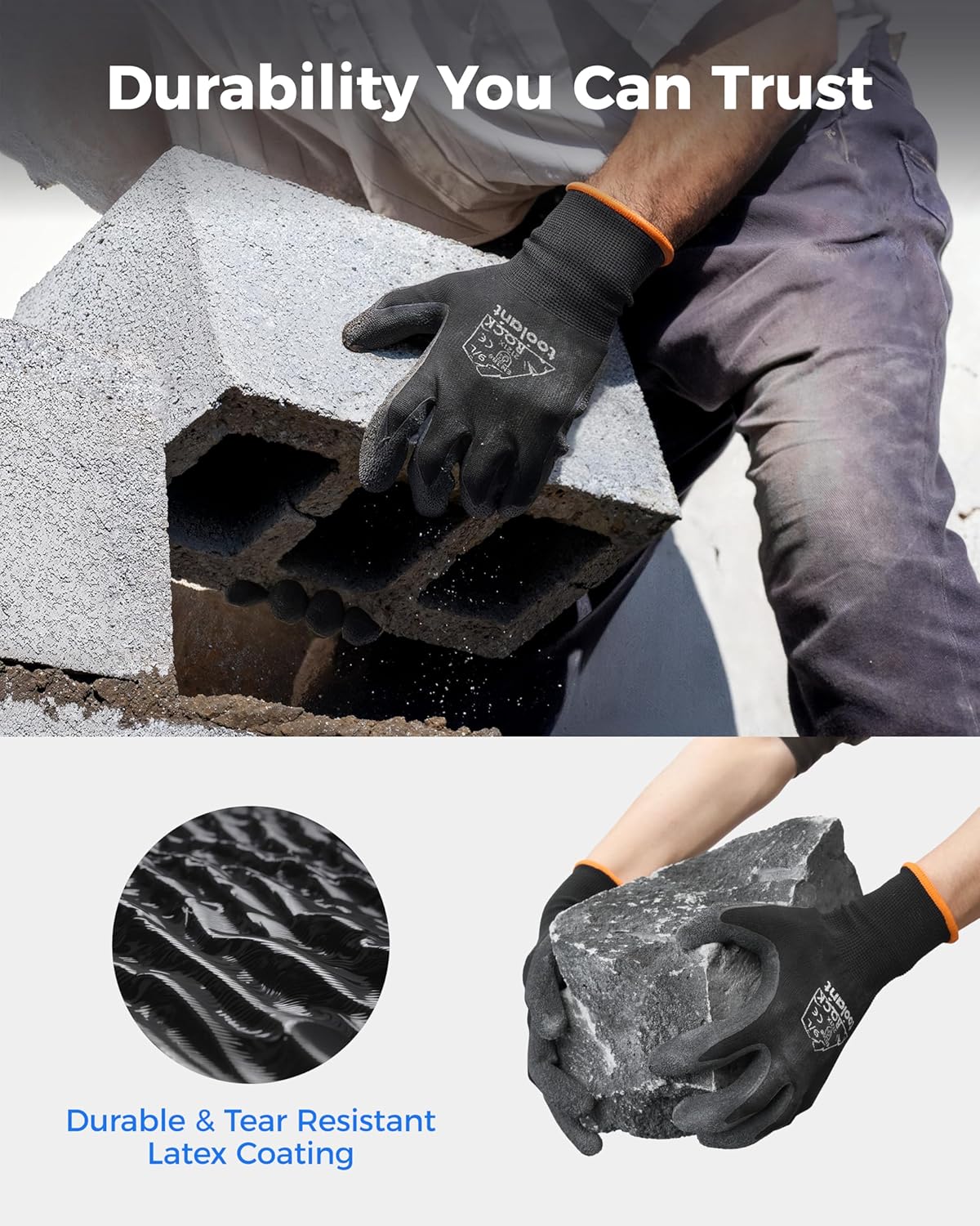 toolant Crinkle Latex Work Gloves Bulk, Rubber Coated Safety Work Gloves for Men and Women, 12 Pairs for Construction, Gardening, Warehouse (Black, XXL)