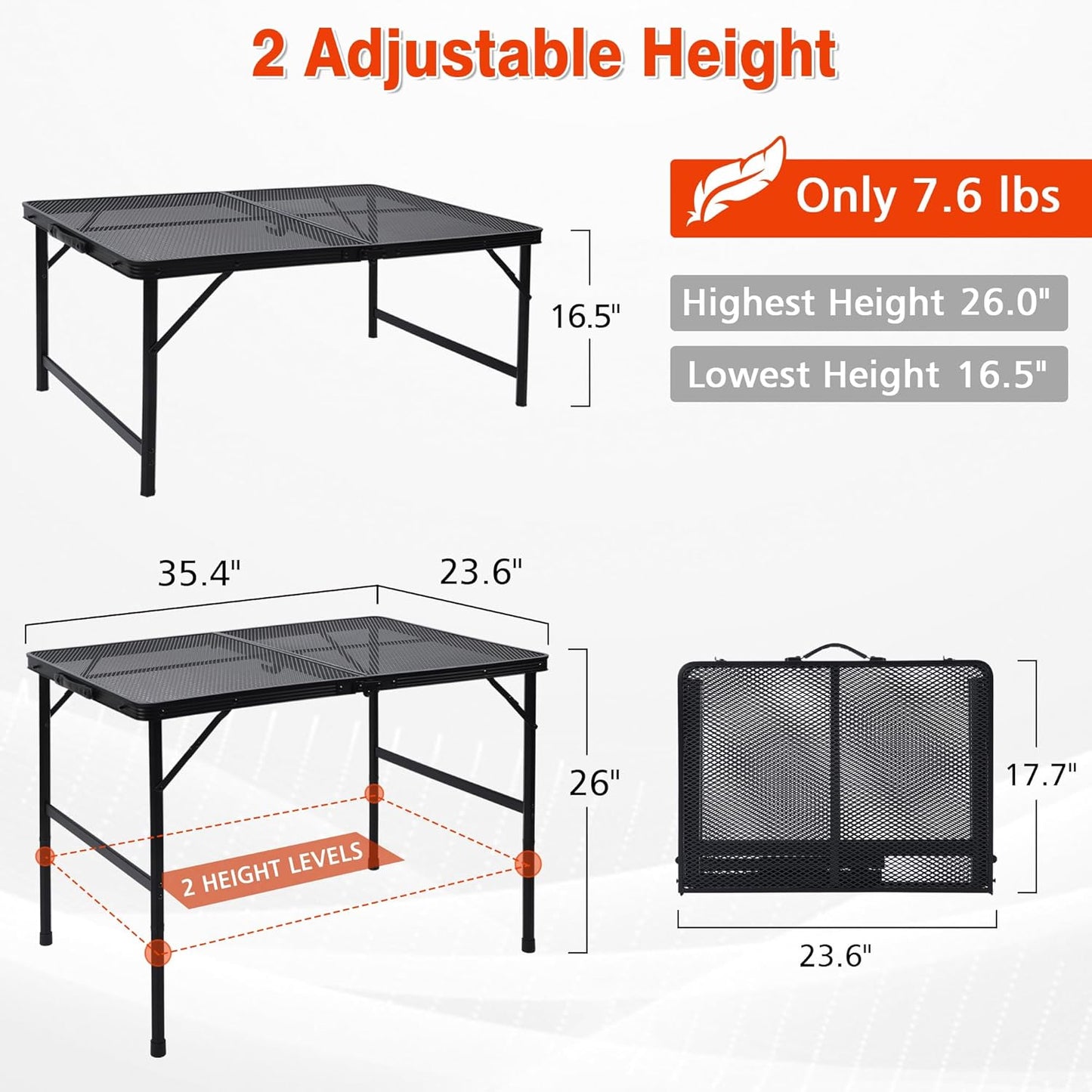 Folding Grill Table, 3x2 FT Portable Camping Table, Height Adjustable Metal Tables with Mesh Desktop and Mesh Bag, Outdoor Furniture for Camping, Picnic, Beach and BBQ, Black