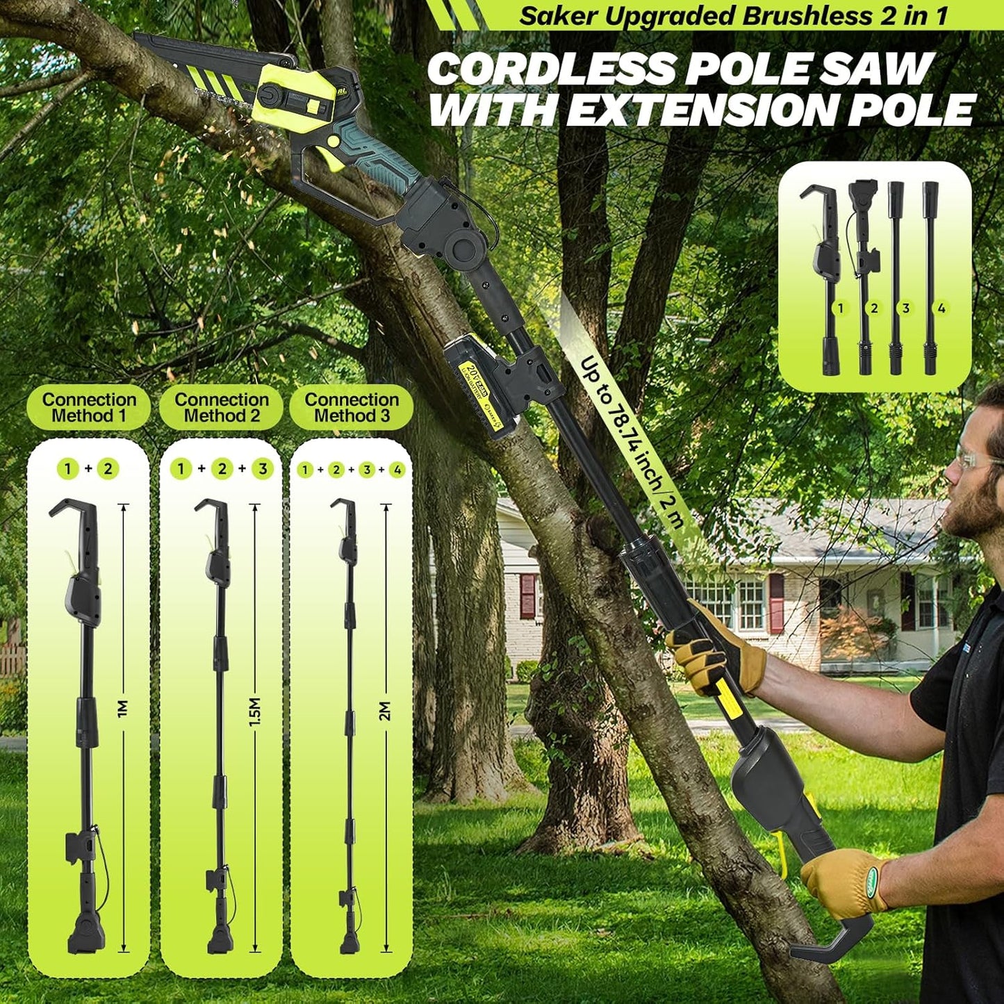 Saker Cordless Pole Saw and Mini Chainsaw,2-IN-1 Pole Chainsaw,Brushless Electric Pole Saw Battery Powered 6 Inch Chainsaw, 78.74 Inch Max Reach Tree Trimmer Pole Saw