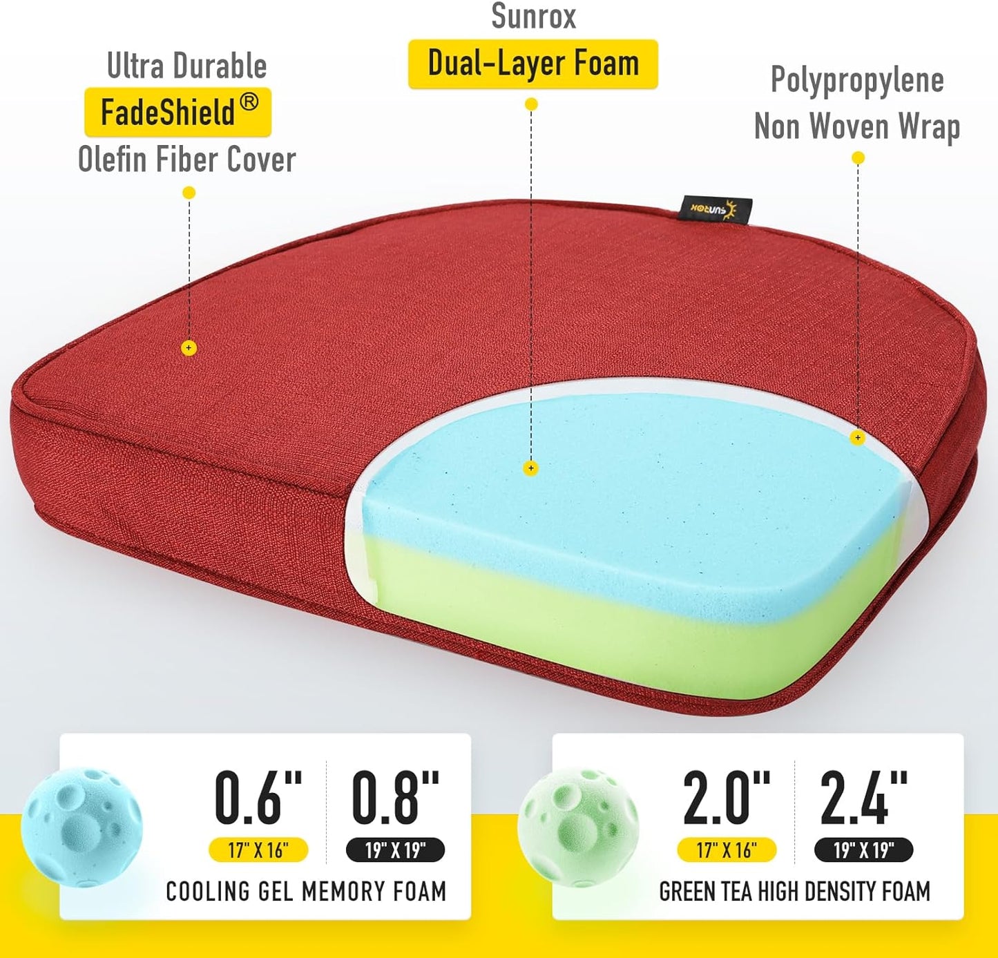 SUNROX Gel Memory Foam Chair Cushions, FadeShield Water-, Stain-Resistant Durable Reversible Seat Cushion Pads with Ties for Indoor/Outdoor Kitchen Dining Office 17"x16" Set of 2, Burgundy