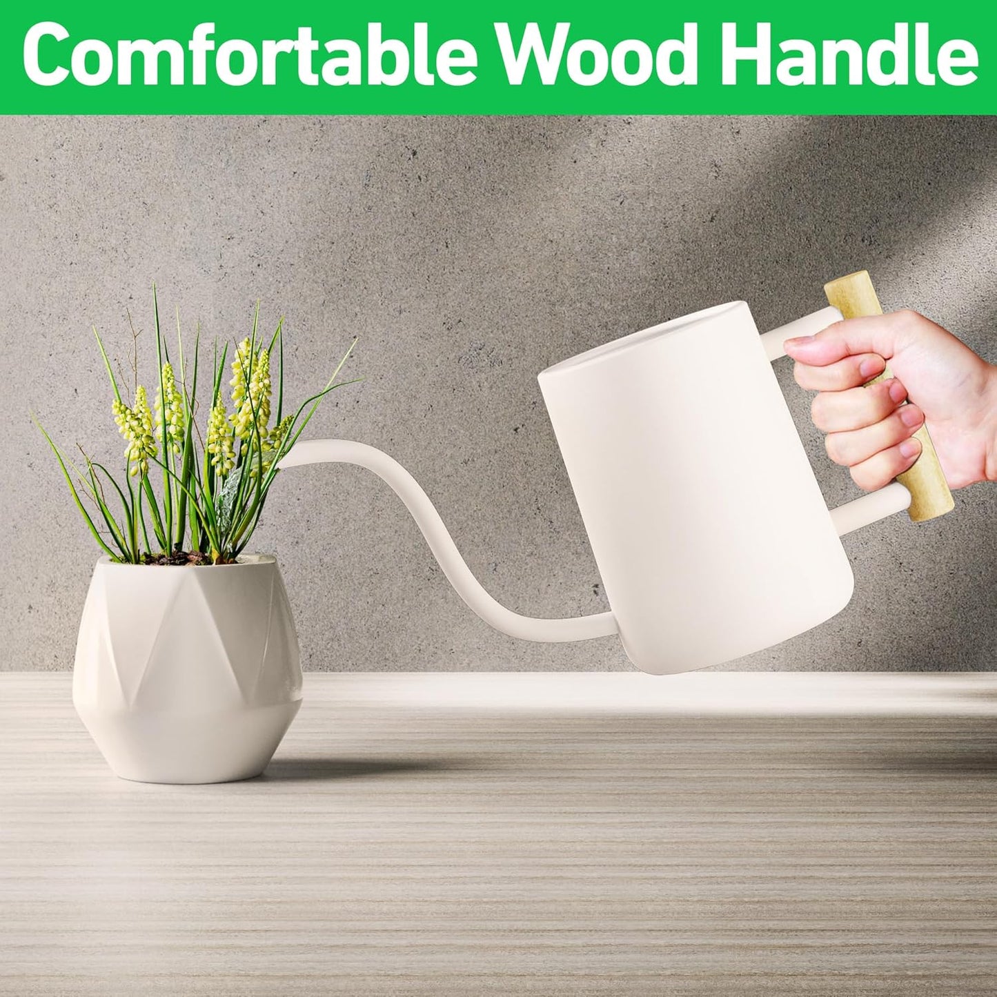 35 oz Metal Small Indoor Watering Can with Long Spout & Real Wood Handle for House Plants, Succulents, Cacti & Seedlings - White Long Spout Watering Can Indoor Plants - Stylish, Gentle Flow, No Spills