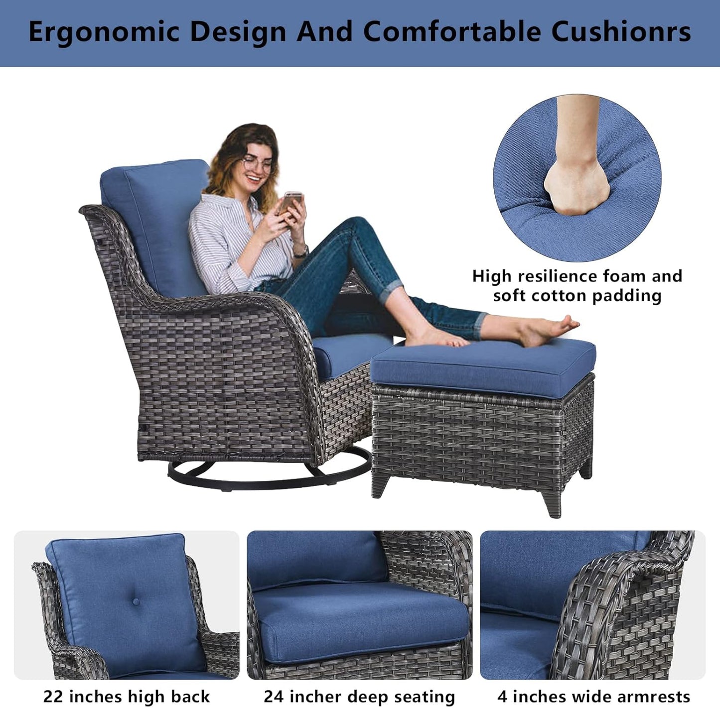 5 Piece Outdoor Patio Furniture Set - Wicker Furniture Patio Conversation Set, Outdoor Swivel Rocker Chairs with 3-Seater Sofa and 2 Ottomans for Small Space, Blue Cushion