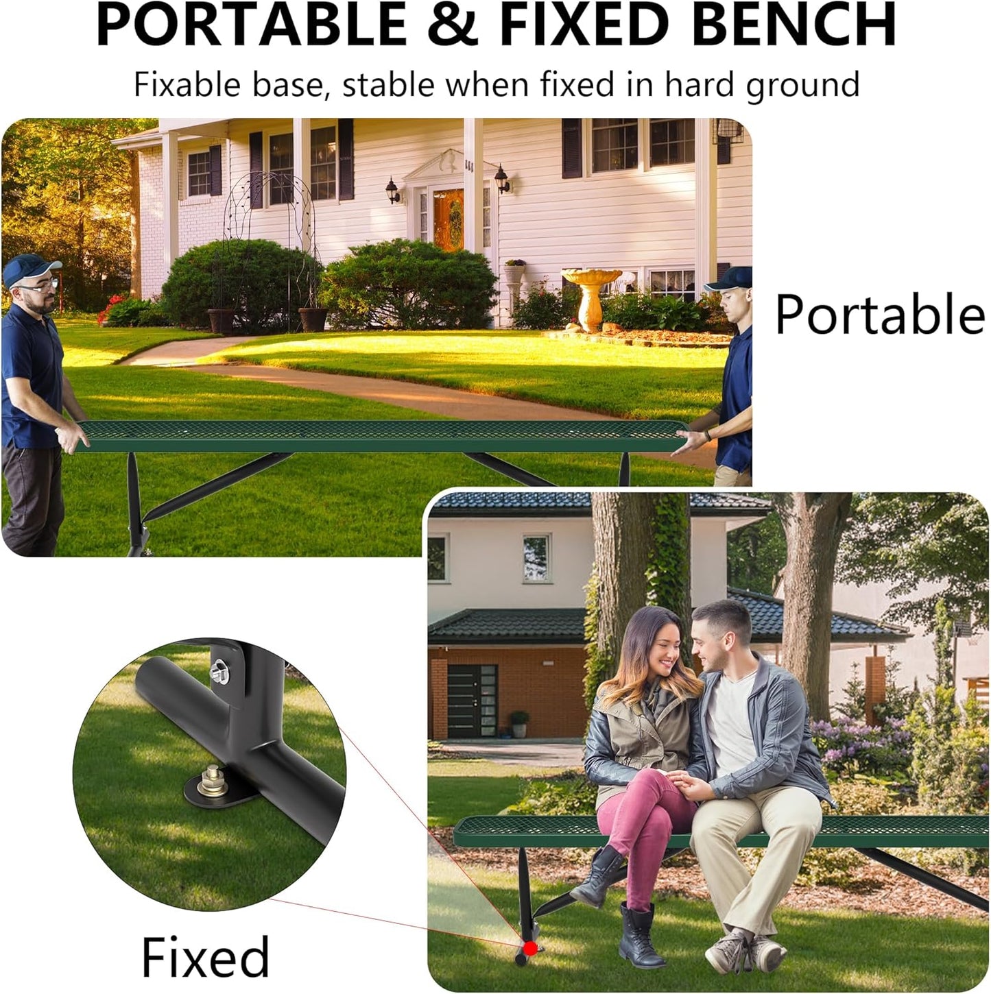 8 Feet Heavy Duty Metal Park Bench for Outside, Outdoor Bench with Portable Frame, Commercial Benches for Shopping Mall, Store, Park, Patio, Deck, Green