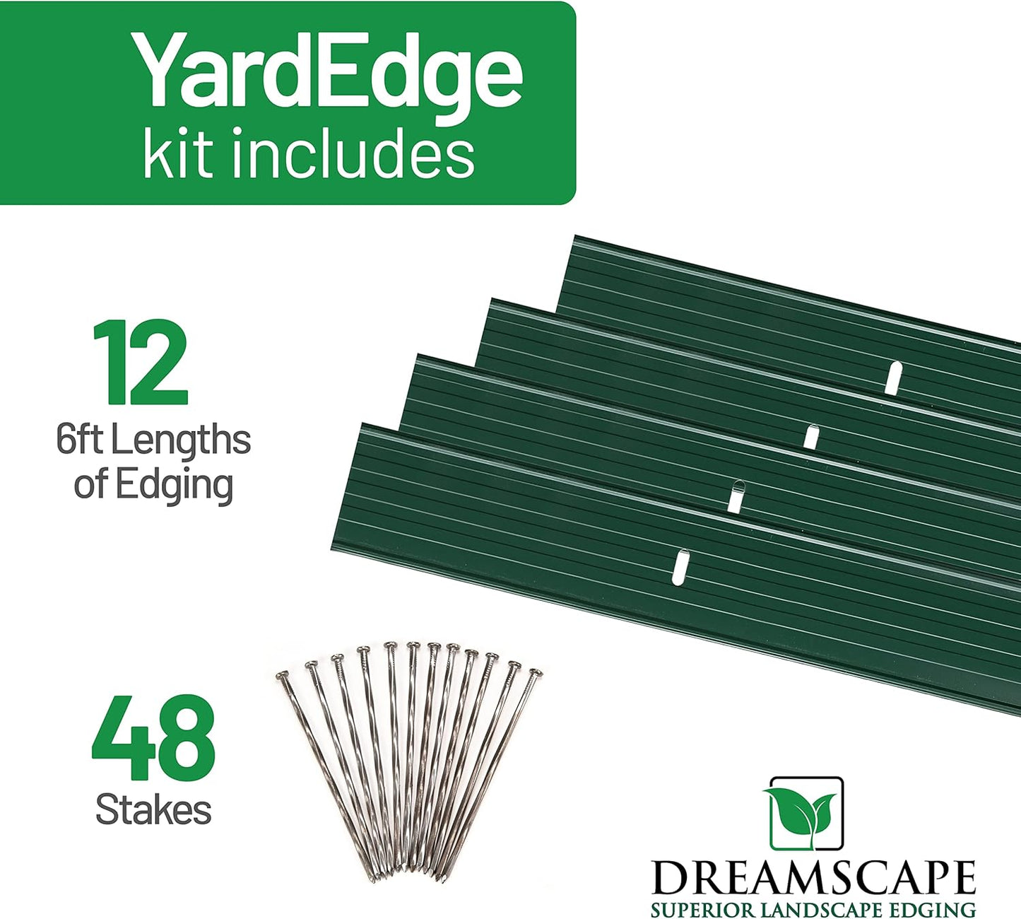 Dreamscape YardEdge Aluminum Landscape Edging - 12 Strips, 6ft Each (72ft Total), Green Duraflex Paint - Professional Quality Landscaping Border, Metal Divider for Lawn, Garden, Flowerbed