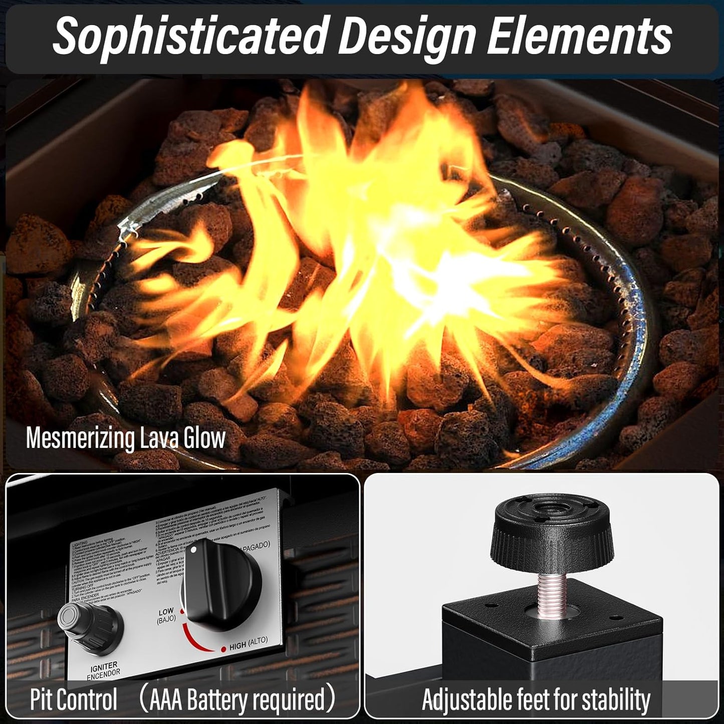 5 Piece Outdoor Patio Furniture Set with 50000 BTU Propane Fire Pit Table, Deep Seating Wicker Swivel Rocker Chairs and Loveseat Glider Patio Conversation Set for Poolside Deck Backyard Grey
