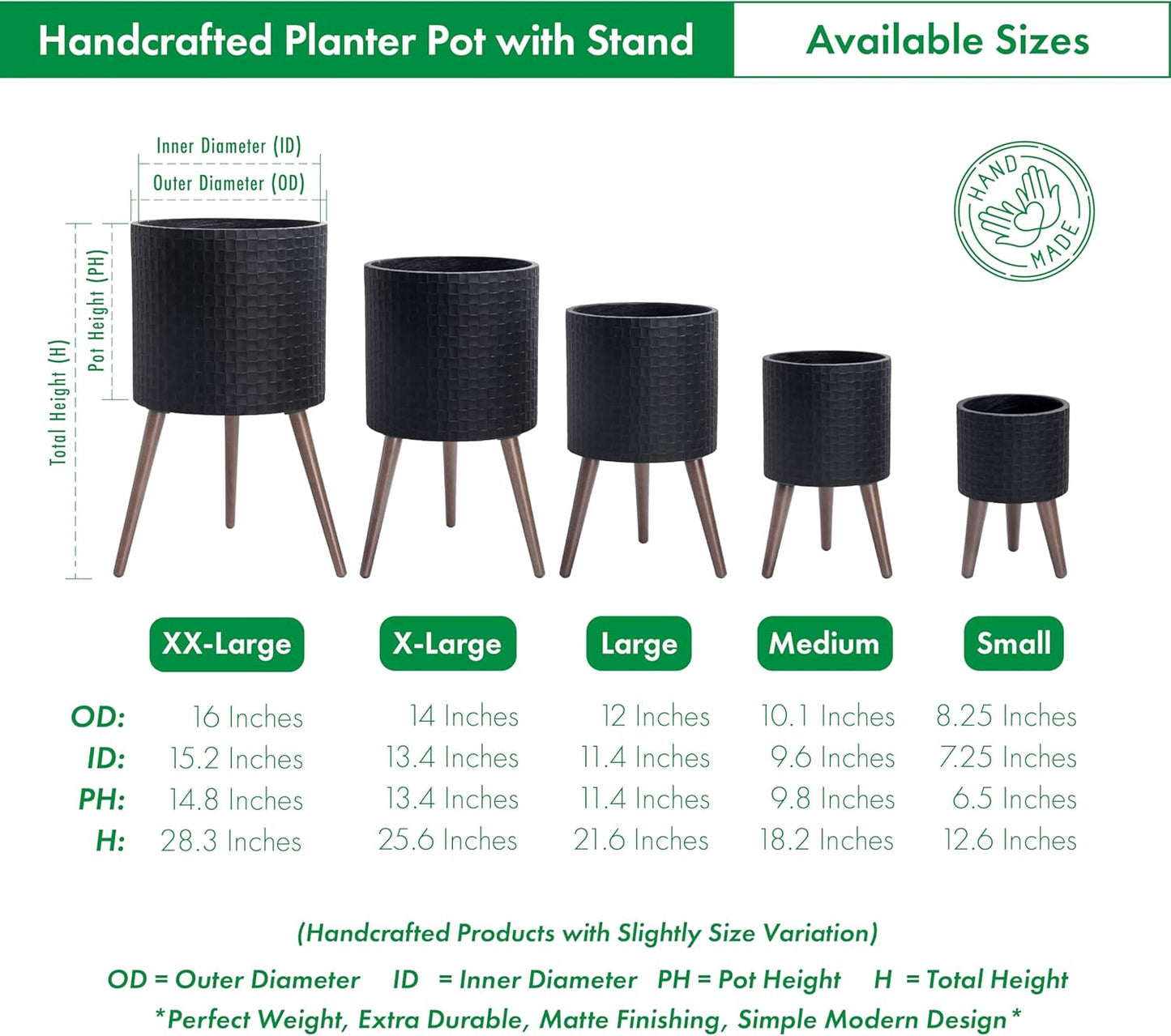 D'vine Dev 16 Inch Modern Geometric Tile Patterned Sleek Planter Pot with Stand, Indoor Outdoor Decorative Plant Holder, Matte Black, 88-Z-E-2