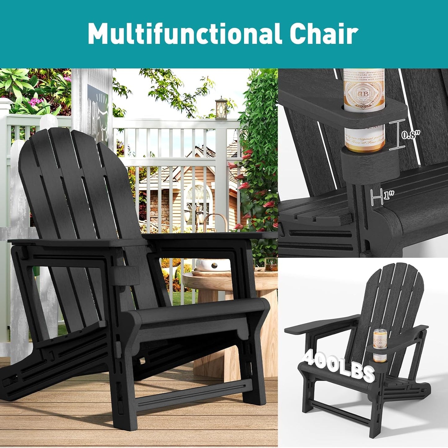 Adirondack Chairs Set of 2, Tool-Free Assembly All-Weather Plastic Adirondack Chairs, HDPE Fire Pit Chairs with Cup Holder, Outdoor Chair for Patio Garden (Black)