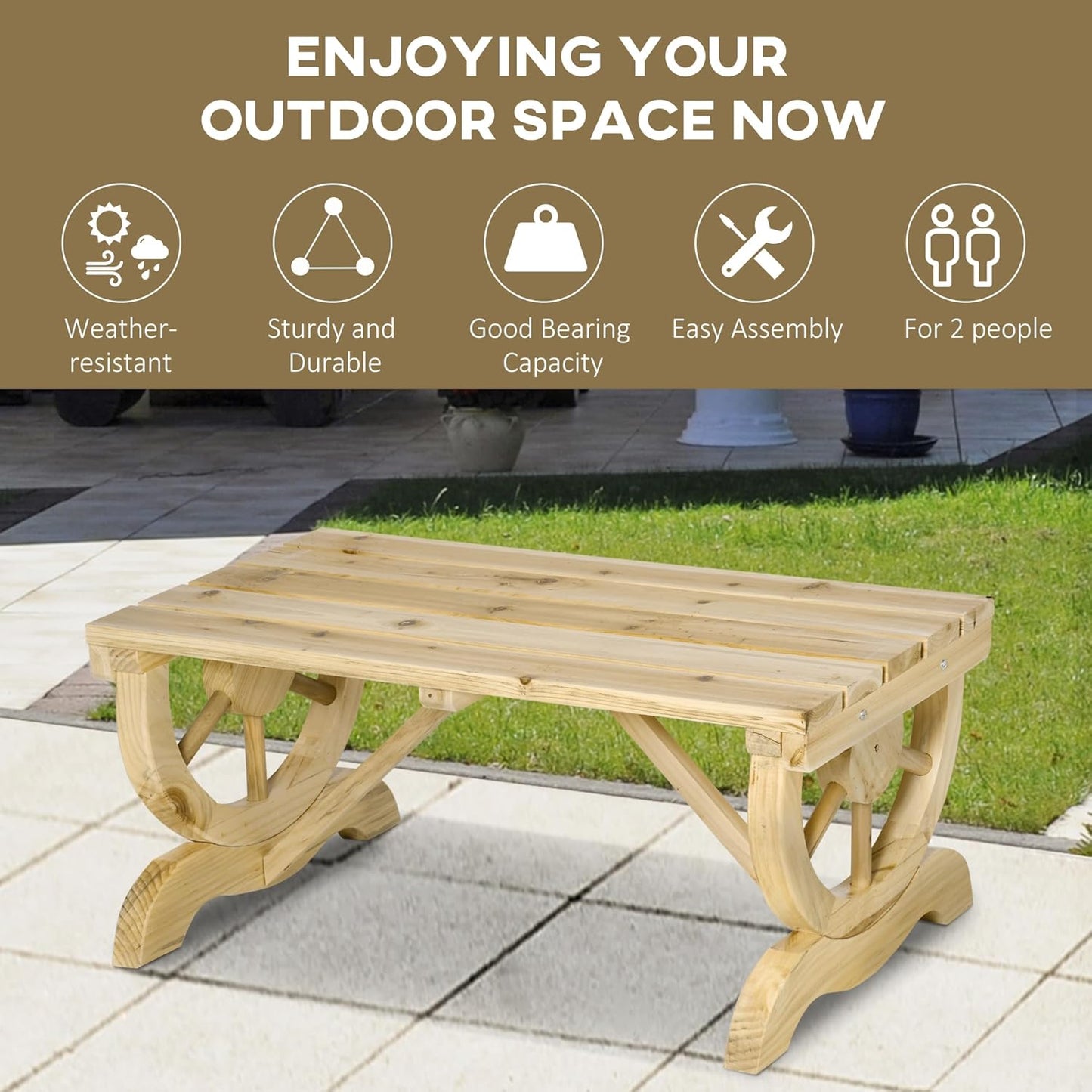 Outsunny 2-Person Wooden Garden Bench, Outdoor Wagon Wheel Porch Bench for Backyard Garden, Support 550 LBS, Rustic Country Style Patio Furniture, Natural Wood