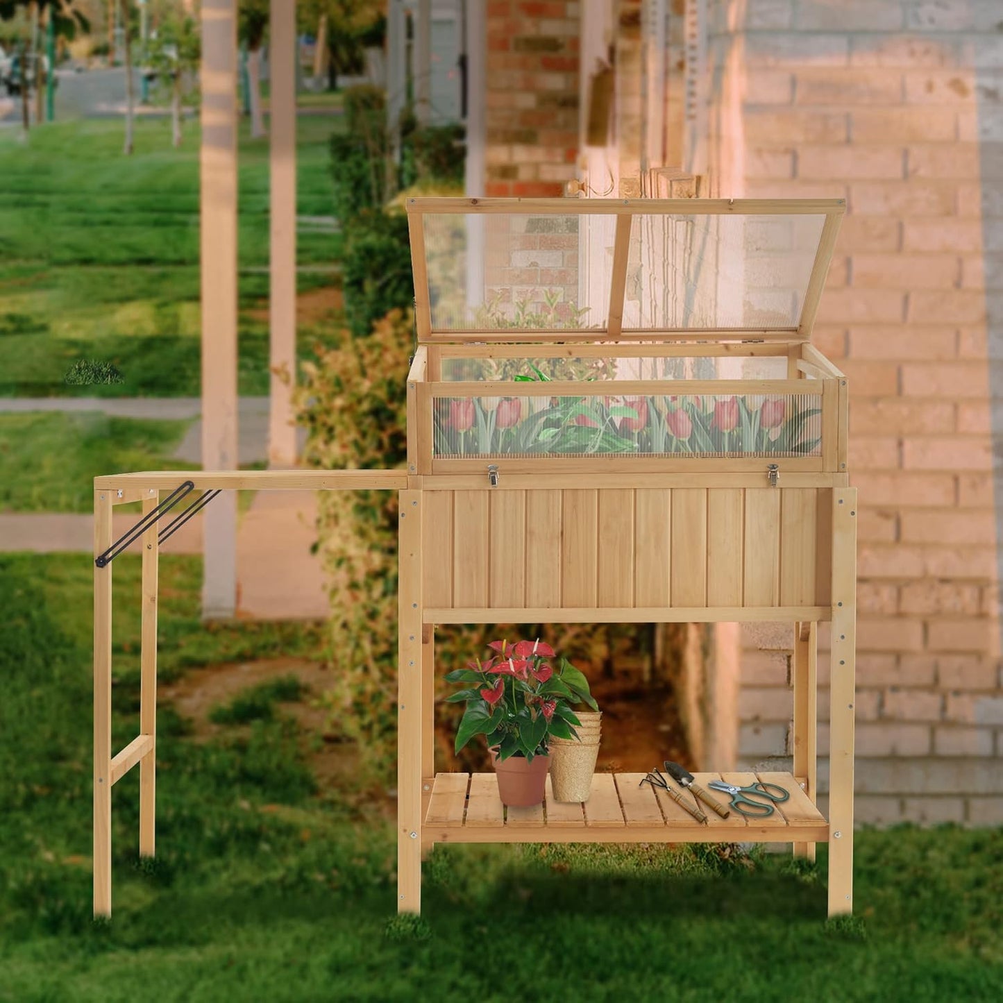 Macrout Cold Frame Greenhouse with Foldable Potting Table, Raised Garden Bed Planter Box with Legs and Wooden Greenhouse with Shelf for Vegetables, Herb and Flowers Use, 0399