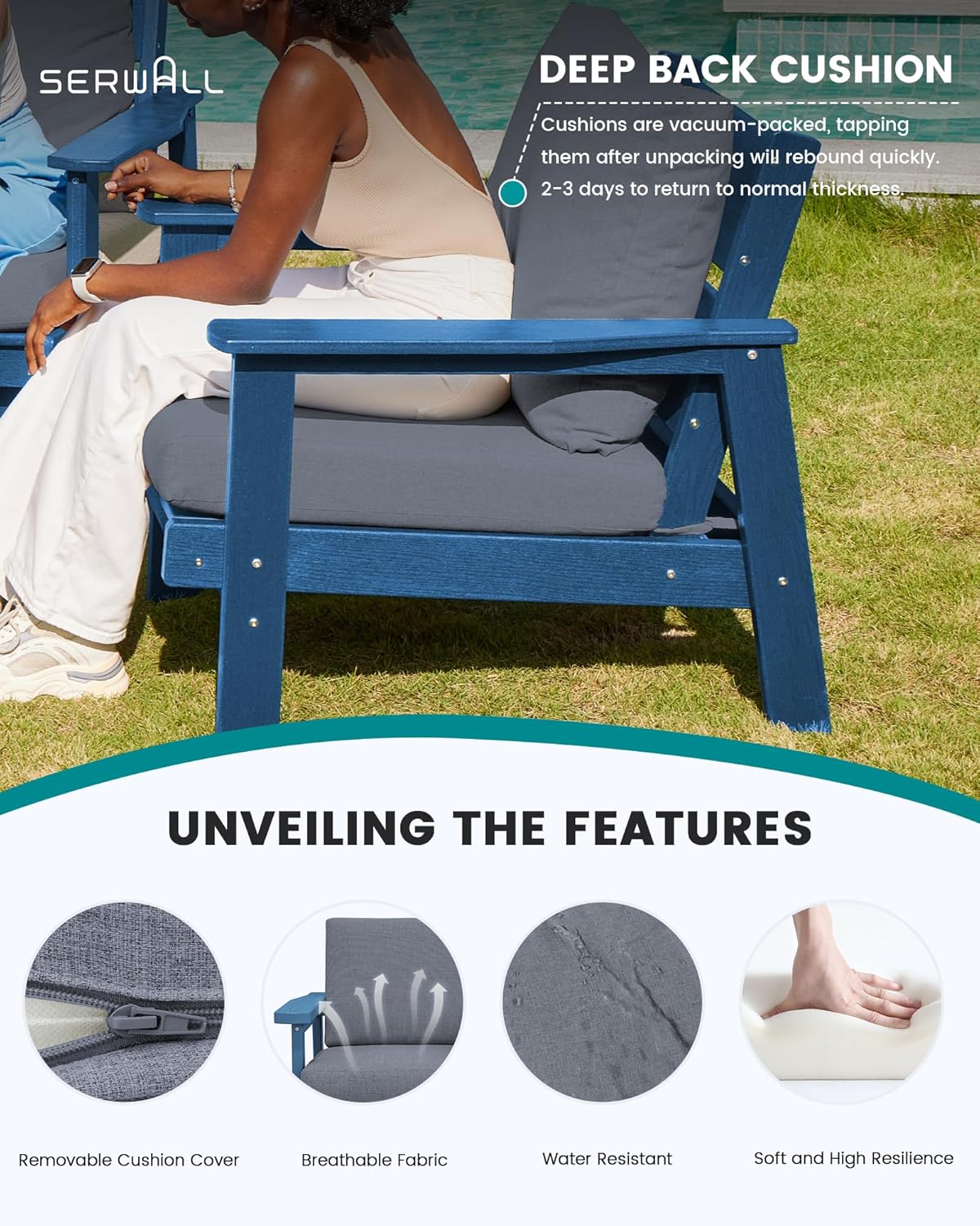 SERWALL HDPE Patio Furniture Set, 5 Piece All Weather Wood-Like Sectional Outdoor Furniture Set, Blue Patio Sofa Couch with Grey Cushions for Deck, Lawn