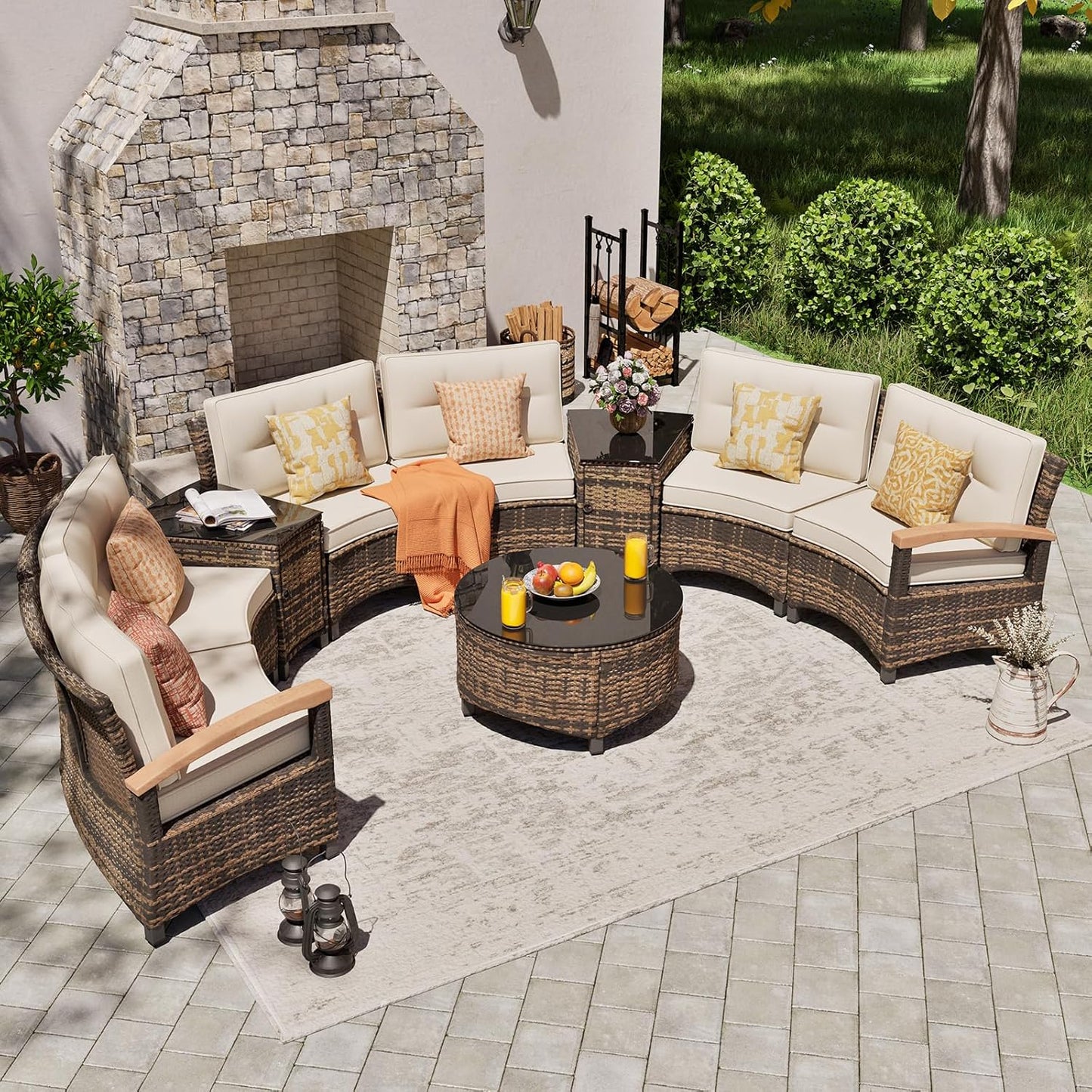 9 Piece Outdoor Patio Furniture Set, Half-Moon Curved Sectional Sofa Rattan Conversation Set with Wood Armrests, Coffee Table & Side Table（Brown）