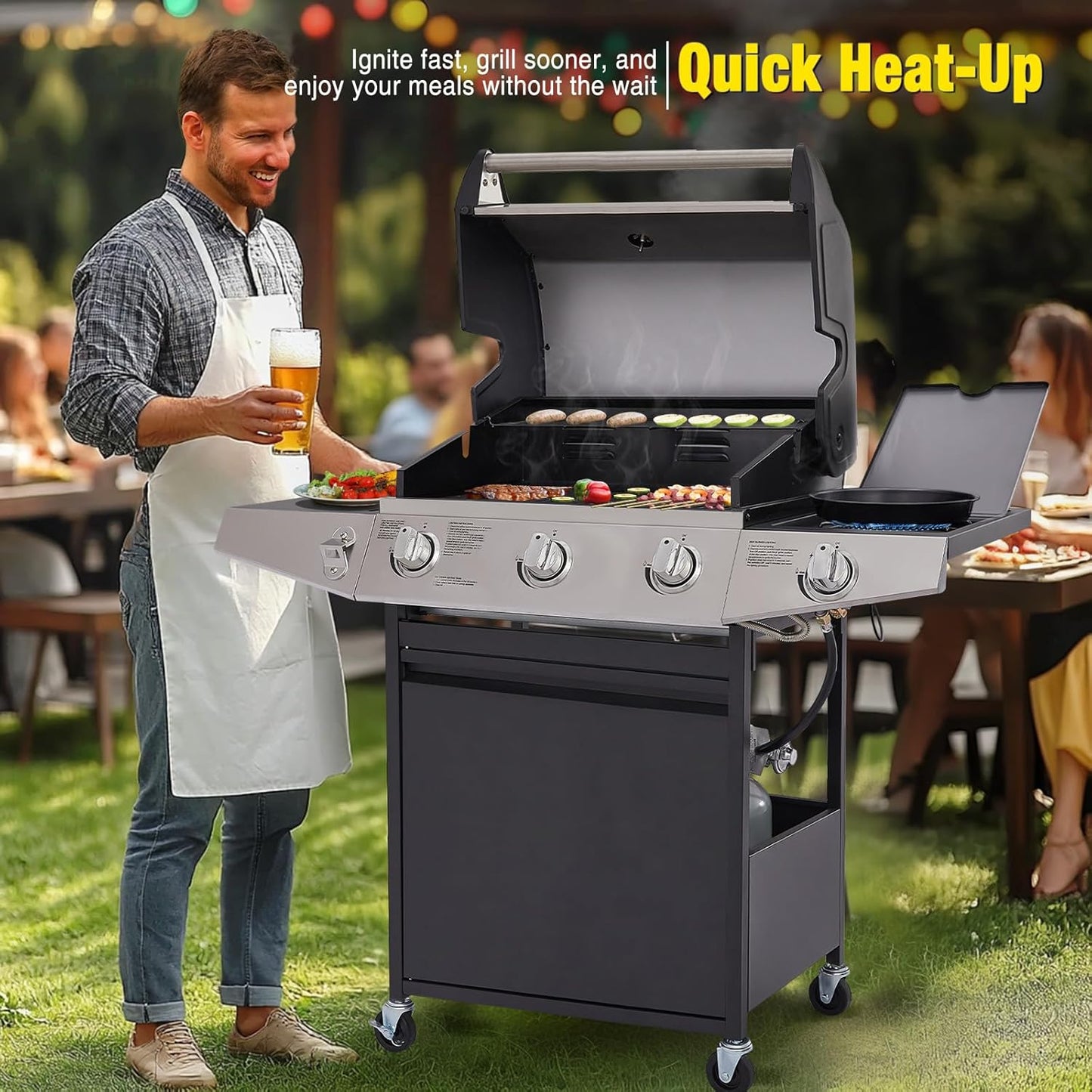 Unovivy 3-Burner Propane Gas Grill with Side Burner, Portable BBQ Grills with Oil Tray and Built-in Thermometer for Outdoor Barbecue, Camping, Patio, Backyard, 39,650 BTU
