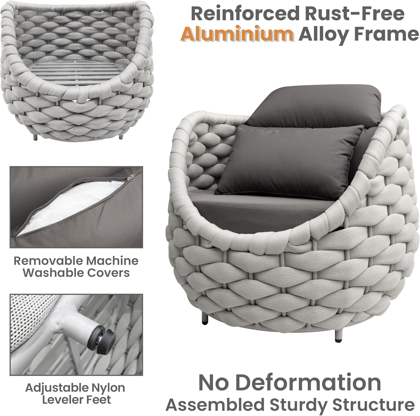 Rope Patio Furniture Set: 4 Pieces Aluminum Outdoor Couch Set Cushioned - Assembled Conversation Sofa Set Modern - Metal Porch Seating for 5 Person - All Weather for Deck Garden Poolside Hotel