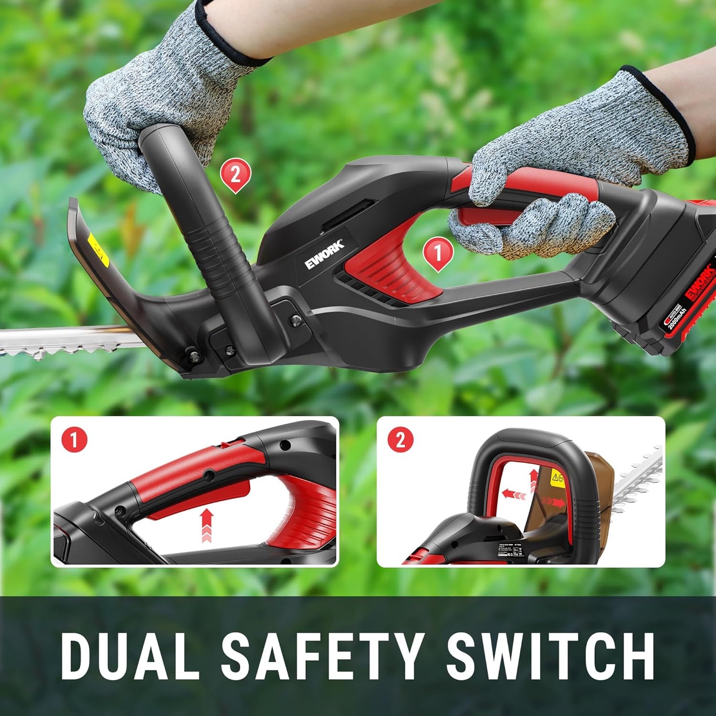 EWORK 20V 22-Inch Electric Hedge Trimmer Cordless 5/8" Cutting Capacity, Lightweight 4.3 Lbs, Battery Powered Bush Trimmer, Handheld Shrub Trimmers with Battery and Charger for Garden, Yard