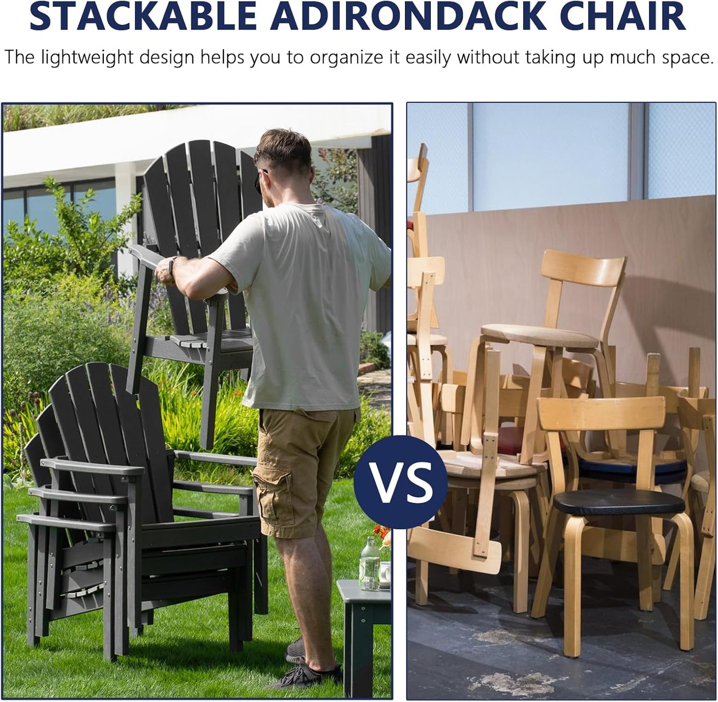 Stackable Adirondack Chair Set of 4, HDPE Outdoor Patio Chair - Durable and Space Saving, Suitable for Porches, Lawns or Garden, Grey