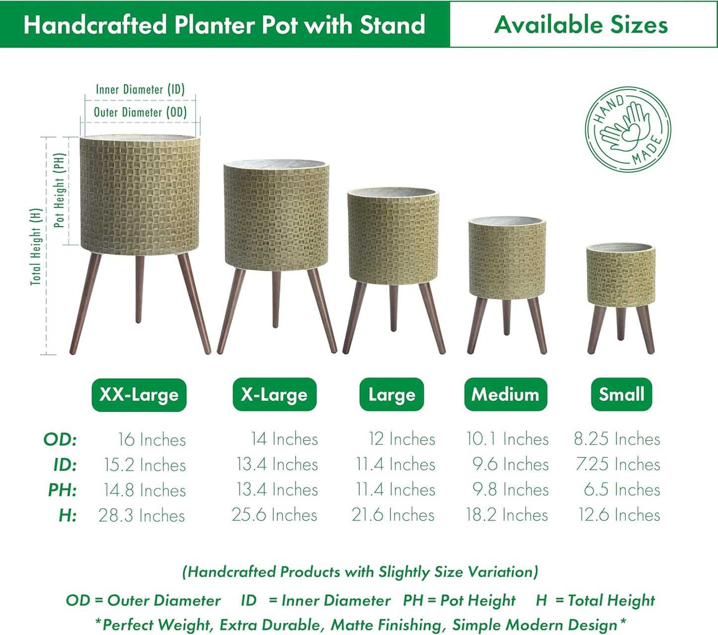 D'vine Dev 16 Inch Modern Geometric Tile Patterned Sleek Planter Pot with Stand, Indoor Outdoor Decorative Plant Holder, Distressed Olive, 88-Z-E-4