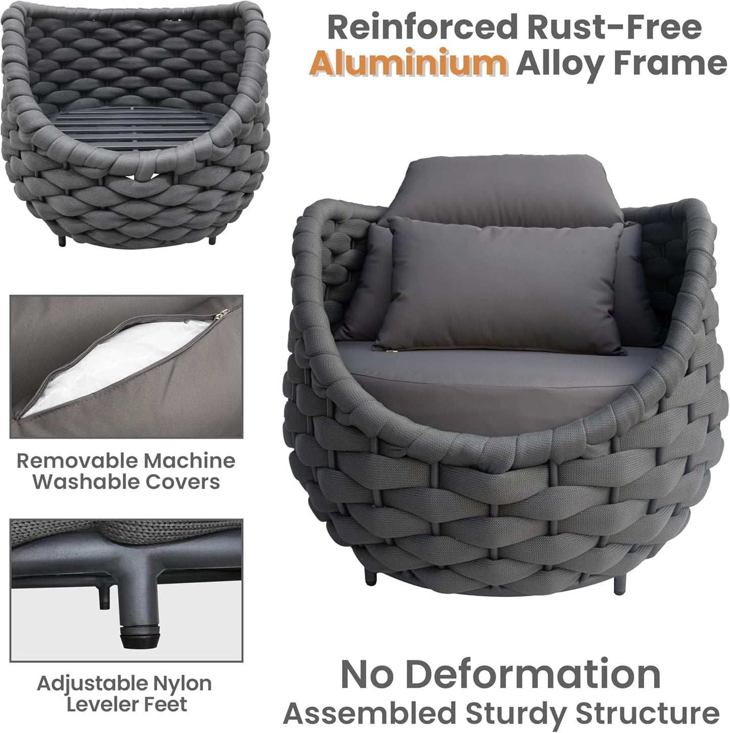 Aluminum Patio Furniture Set of 4: Woven Rope Outdoor Conversation Sofa Set Assembled - Modern Cushioned Armchair Couch Set for 660lbs Porch Deck Backyard Poolside Drawing Room Hotel, Dark Gray