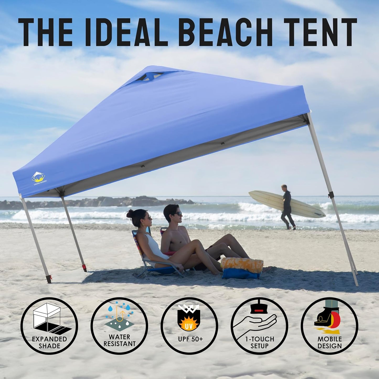 Crown Shades 10x10 Pop Up Canopy - Beach Tent with One Push Setup - Outdoor Sun Shade for Events, Parties, Camping - Gazebo with STO-N-Go Cover Bag, Silver Coated Top, 3 Height& 4 Sand Bags, Sky Blue