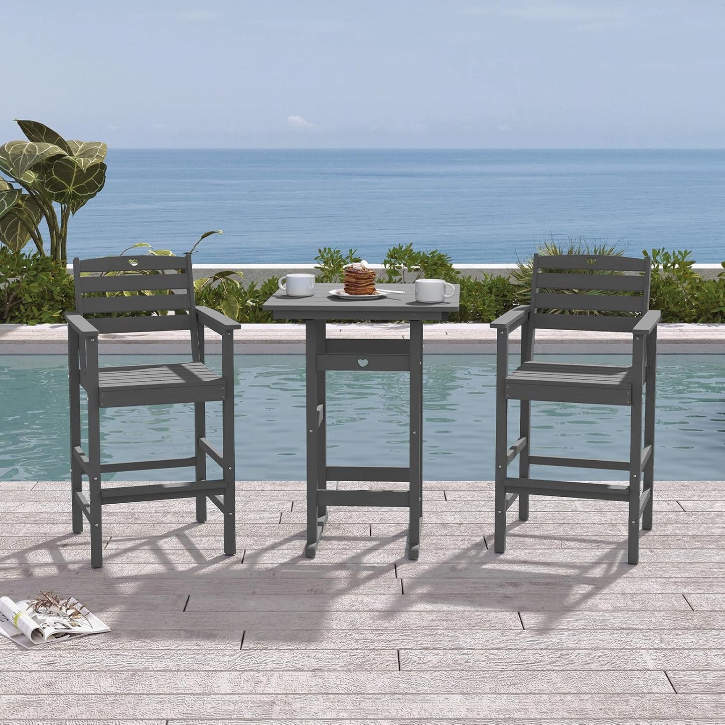 Tall Adirondack Chairs Set of 2, HDPE Wood Balcony Adirondack Chairs Set with Heart Cutout Design, Weather-Resistant Bar Height Furniture for Deck, Porch, Pool (Grey)
