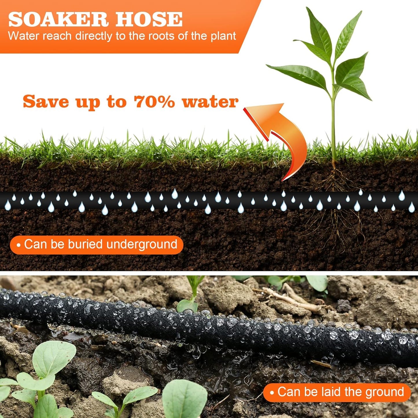 Soaker Hose 50 FT for Garden 1/2" Diameter Irrigation Hose Save 70% of Water Solid Brass Interface Eminently Suitable for Lawn and Garden Beds Cover