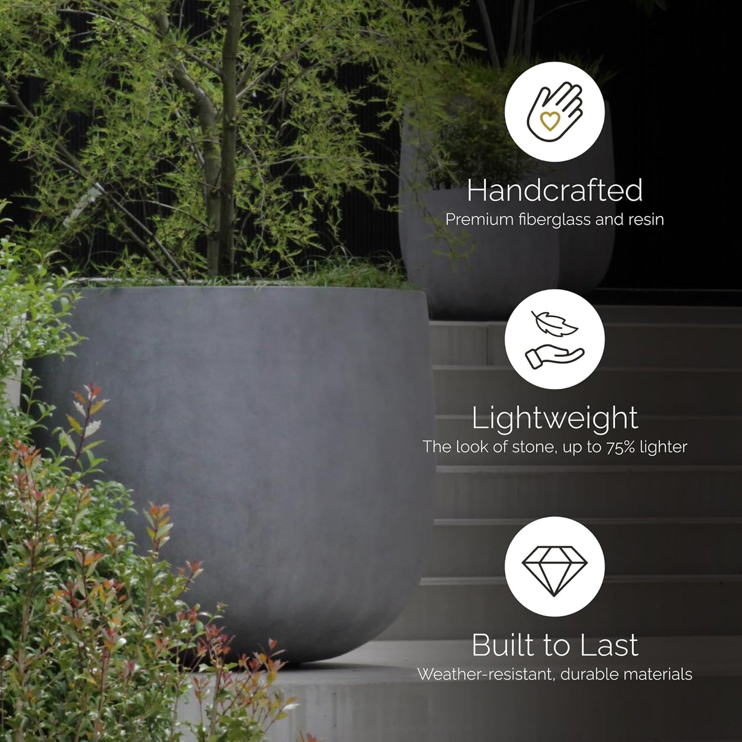 Mondo Large Planter – Concrete Stone Finish – Fiberglass Indoor/Outdoor and Weather-Resistant Round Planter (33" D x 31.3" H Exterior, 31.5" D x 30.7" H Interior)