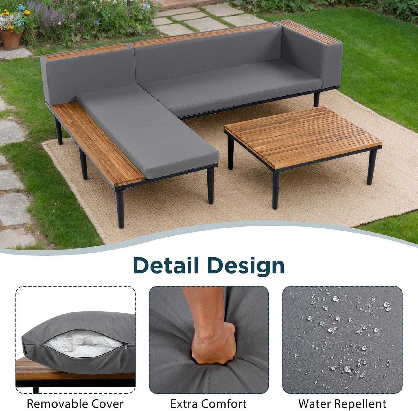 Acacia Wood Patio Furniture Set, Luxury Outdoor Conversation Sectional Sofa with Removable Cushions and Coffee Table, Side Table, L-Shaped Sofa Set for Backyard, Porch (Gray/17)