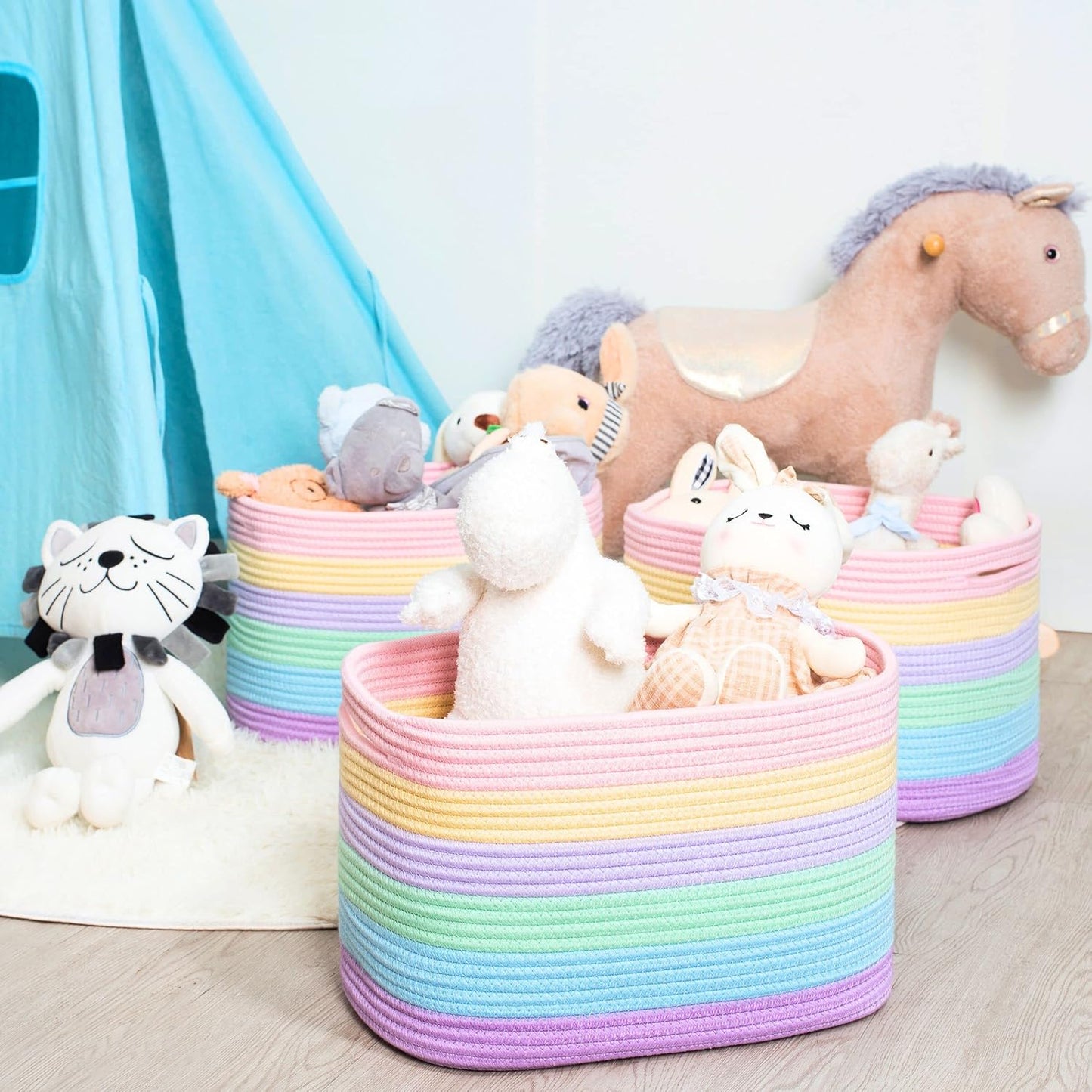 MINTWOOD Design Storage Basket for Shelves, Decorative Baskets for Organizing, Book Basket, Storage Cube Bin Box, Woven Closet Organizer, Pantry Closet and Shoe Basket, Pastel Rainbow