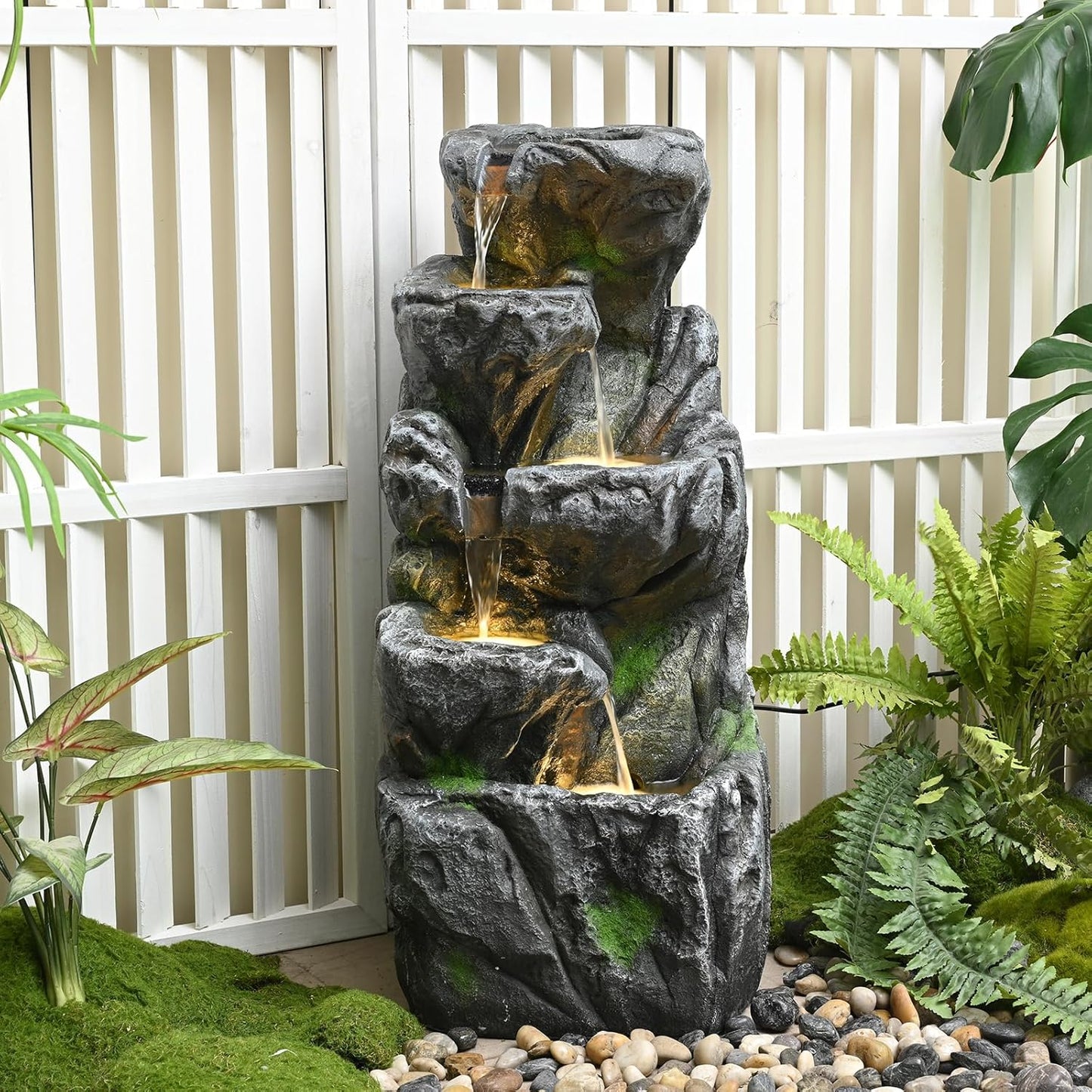 Water Fountain Outdoor 31.59" H Cascading Rock 5-Tier with LED Lights Waterfall for Garden, Landscaping, Patio, Backyard, Balconies, Lawns, Porch and Home Art Decor Living Space