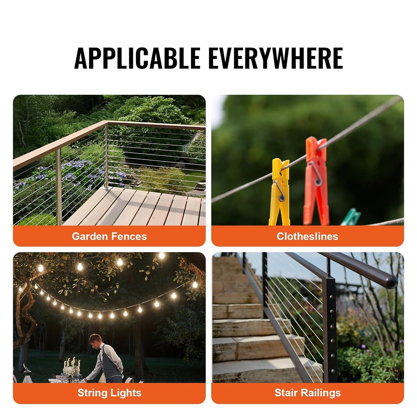 VEVOR 1/16 Wire Rope, 330 FT 304 Stainless Steel Cable with 80 Sleeves, 20 Thimbles, 450 lbs Breaking Strength, 7x7 Strands Marine Aircraft Grade for Handrail Stair Decking Fence Outdoors