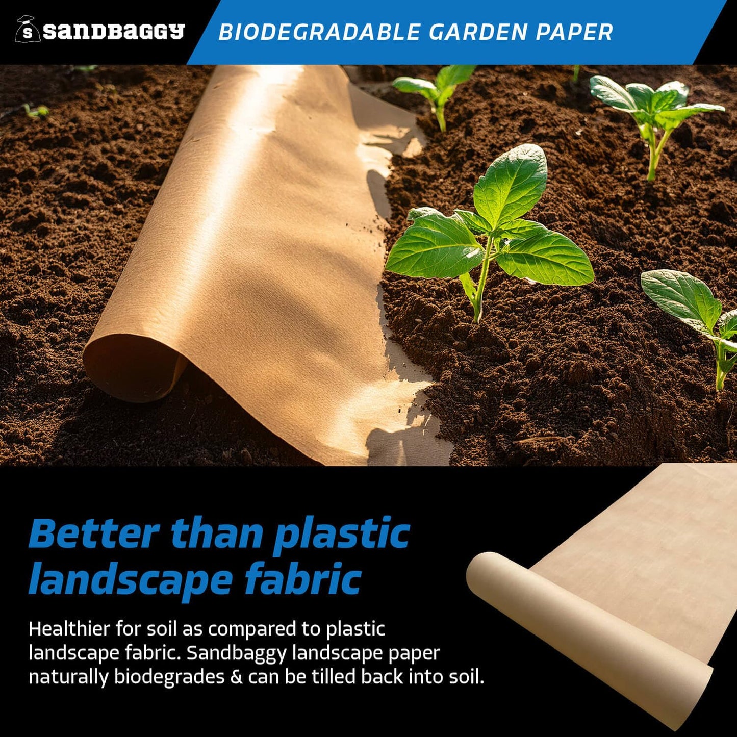 Sandbaggy Biodegradable Landscape Fabric - Garden Paper for Weeds - Paper Mulch Rolls - Made in America (5 ft x 475 ft, 1)