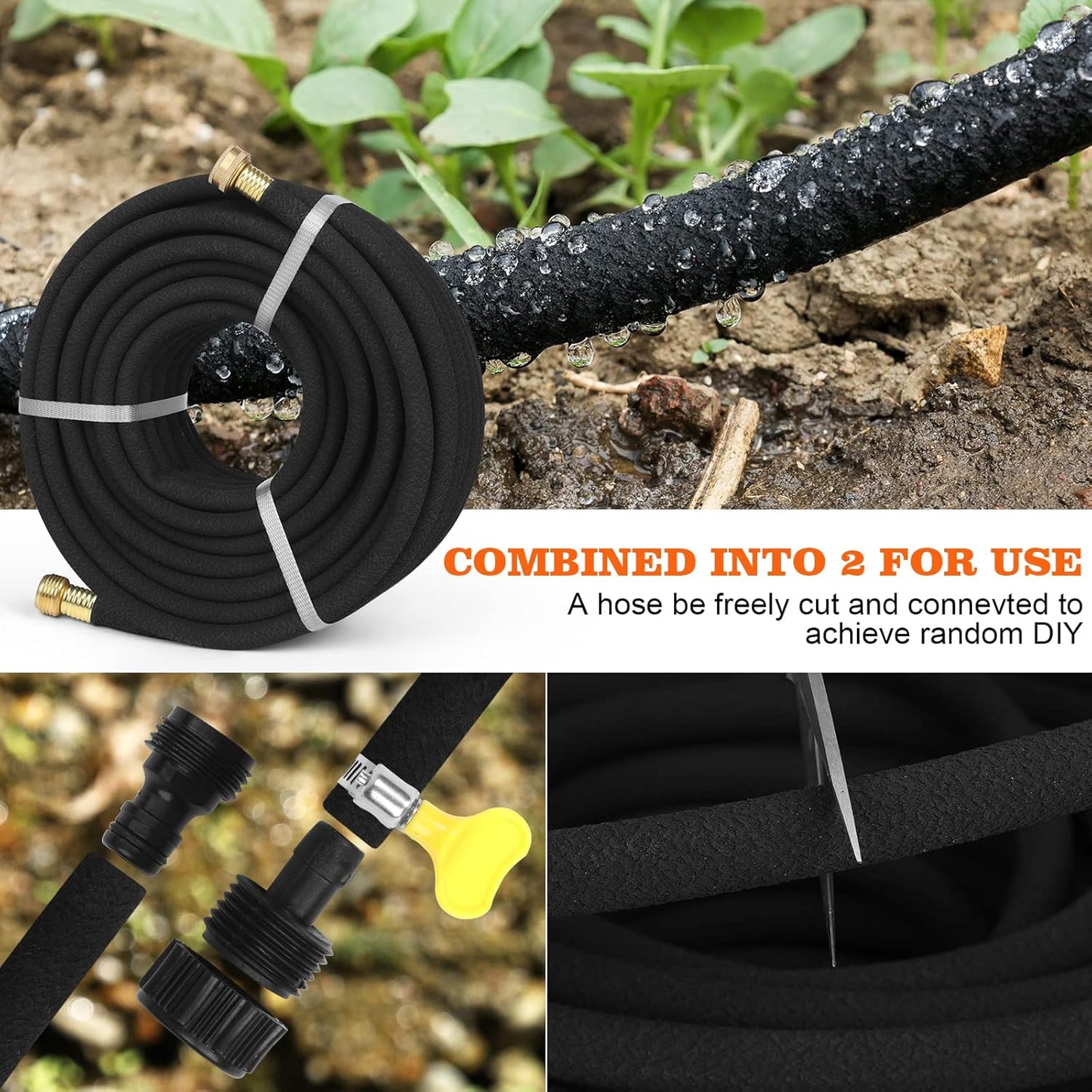 Soaker Hose 100 FT for Garden with 1/2" Diameter Irrigation Hose Save 70% of Water Solid Brass Interface Eminently Suitable for Lawn and Garden Bed Cover