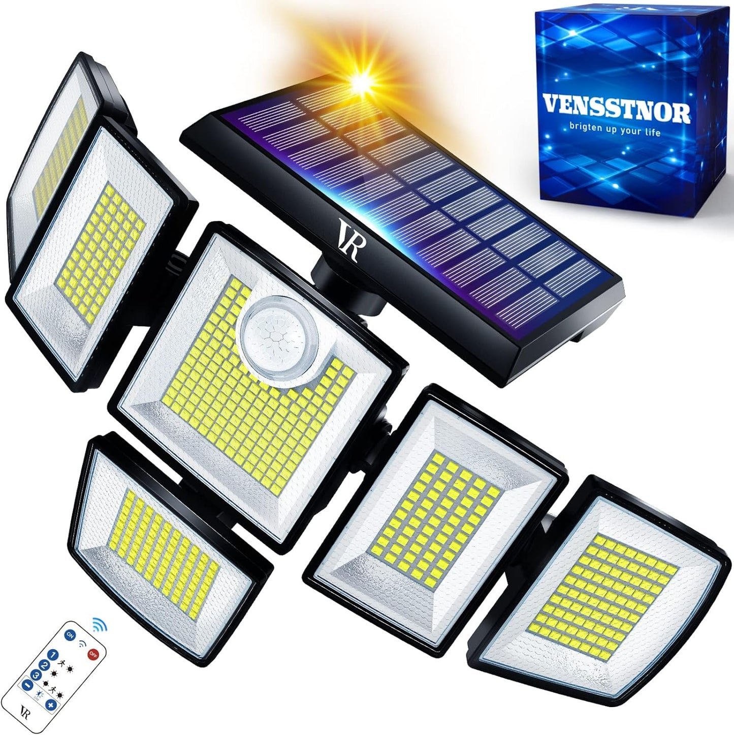 Solar Motion Sensor Flood Lights Outdoor - 496LEDs 3500LM 3 Lighting Modes 3 Levels Brightness, 6 Heads 360° Illumination, IP65 Waterproof Solar Security Lights,for Porch Yard Patio Garage