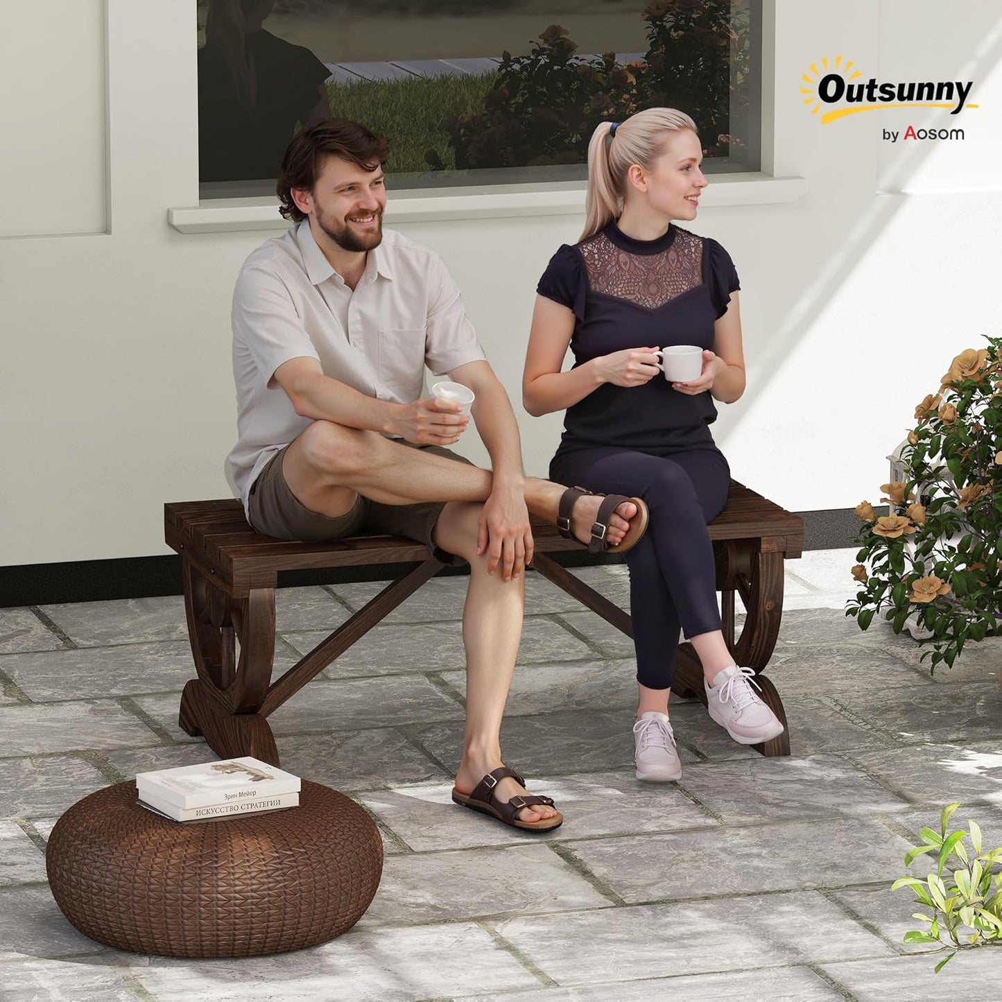 Outsunny 2-Person Wooden Garden Bench, Outdoor Wagon Wheel Porch Bench for Backyard Garden, Support 550 LBS, Rustic Country Style Patio Furniture, Brown