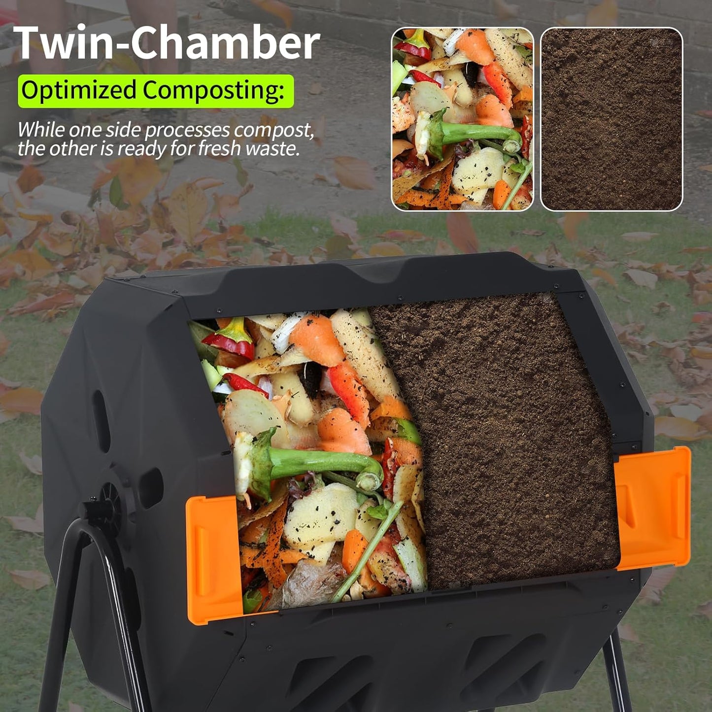 Outdoor Compost Bin 43 Gallon, Dual Chamber Tumbling Composter, Heavy-Duty Composting Bin for Garden, Kitchen, Yard, Kitchen Composter, Compost Bin Outdoor with Sliding Doors (Orange)