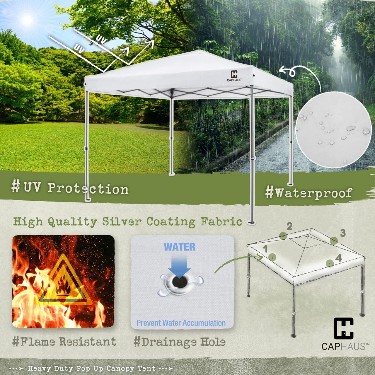 CAPHAUS 12ft x 12ft Patented One-Push Pop Up Outdoor Canopy Tent, Heavy-Duty Commercial Grade w/Central Lock, Portable and Instant Folding Shelter with Wheeled Carry Bag and Weight Bag, Dark Grey