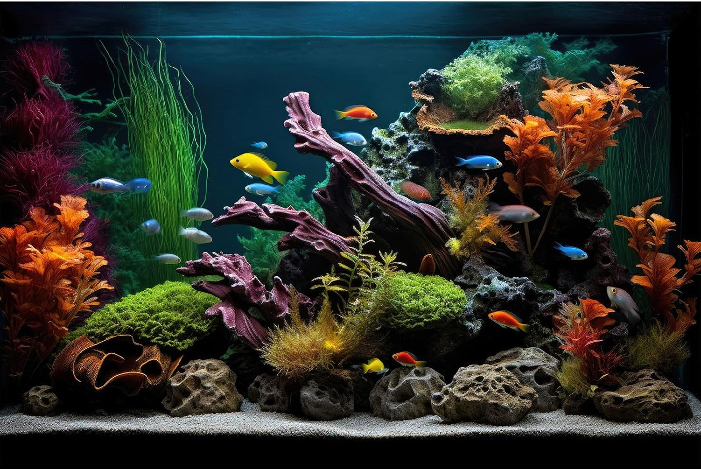 Aquarium Background Lush Aquatic Colorful Plants Terrarium Background Redwood Root Coral Reef Jungle Style Fish Tank Background Amazing Underwater View Aquarium Backdrop Wallpaper Poster Vinyl 60x24in