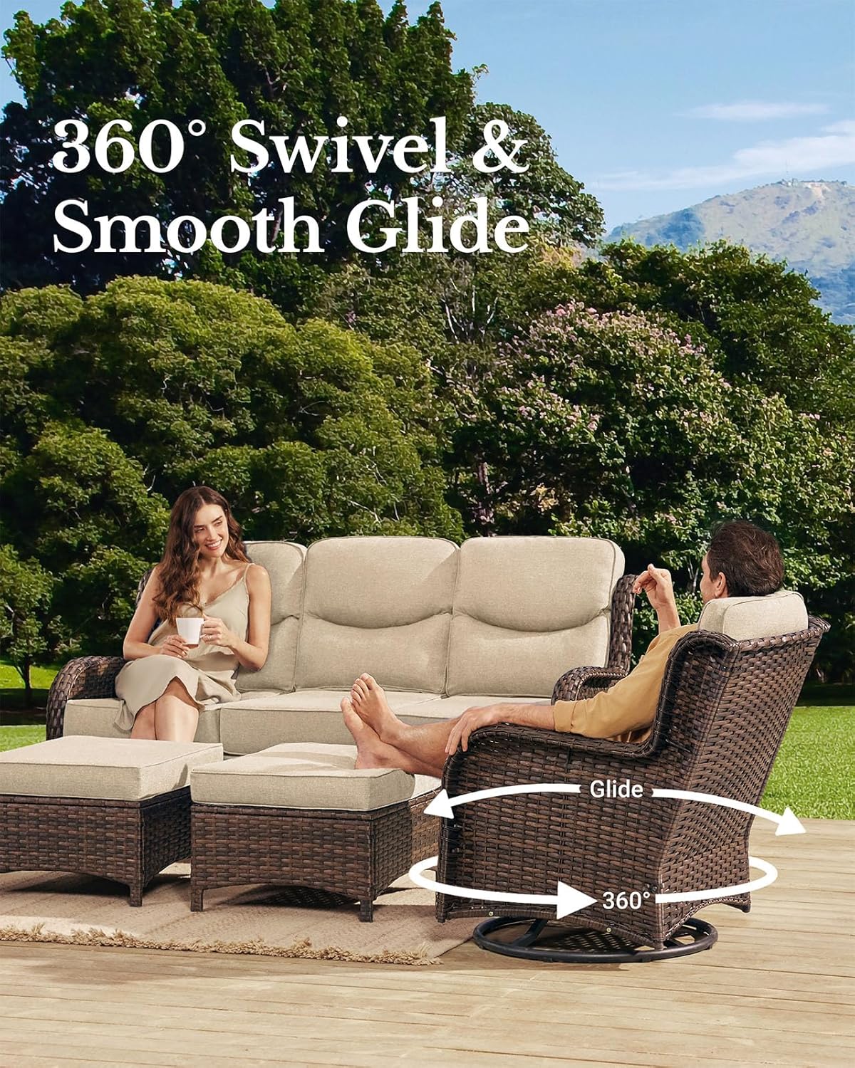 HILLGA Luxury Patio Furniture Set with 6-inch Thick Cushion, Outdoor Couch and High Back Swivel Rocker Patio Chairs, 11PCS Wicker Conversation Set for Deck Yard and Poolside, Beige (V2)