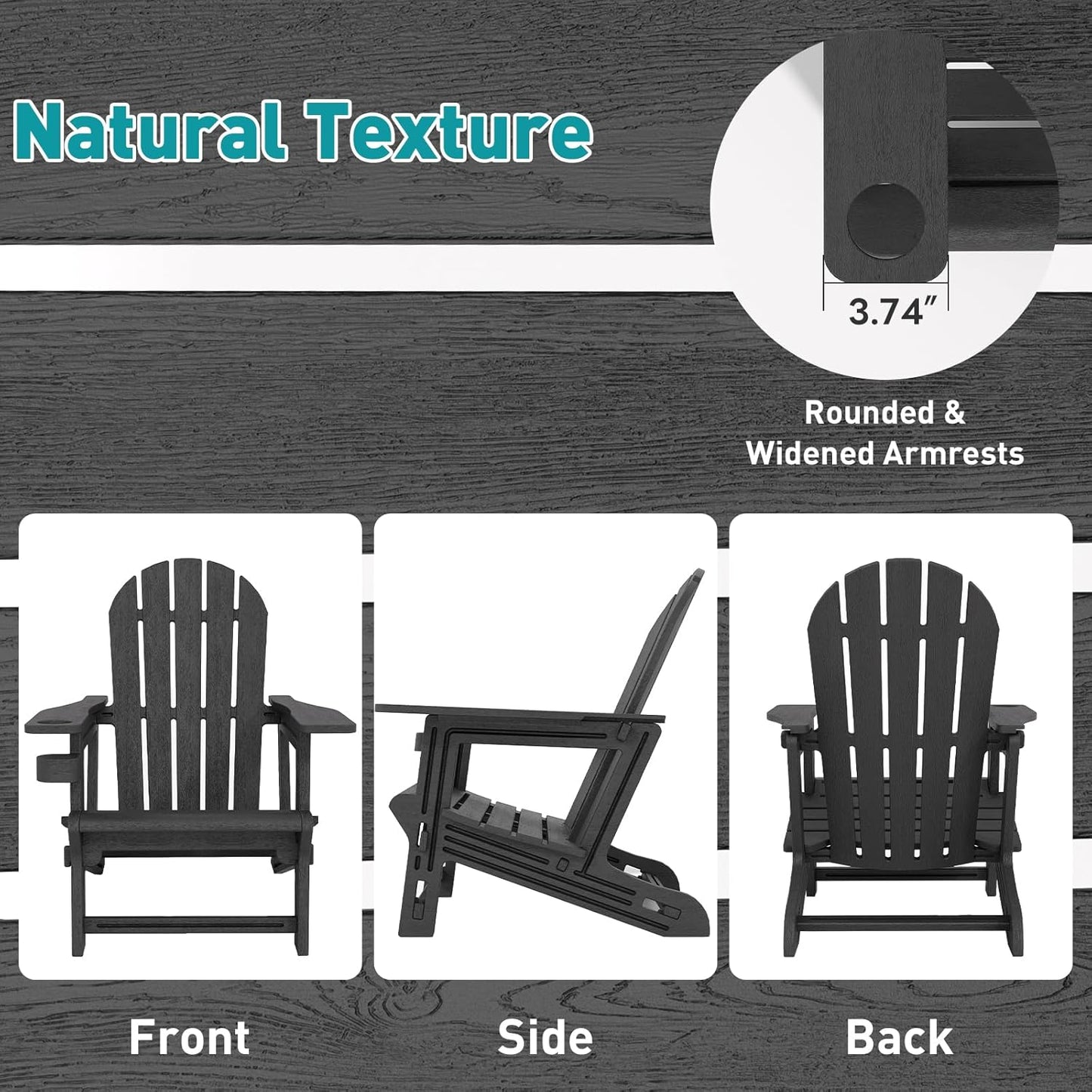 Adirondack Chairs Set of 2, Tool-Free Assembly All-Weather Plastic Adirondack Chairs, HDPE Fire Pit Chairs with Cup Holder, Outdoor Chair for Patio Garden (Black)