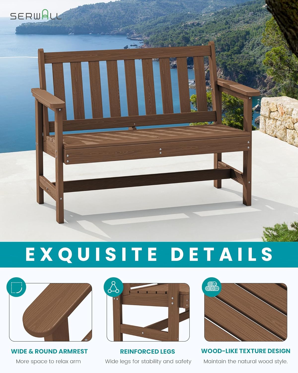 SERWALL Outdoor Bench, HDPE Outdoor Benches Weatherproof, 2-Person Garden Bench with 660 lbs Weight Capacity, Patio Benches for Outdoors, Garden, Porch, Backyard and Park, Brown, 4 Pack