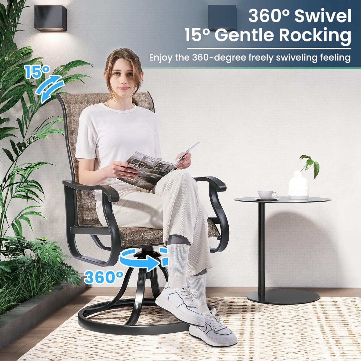 Amopatio Patio Swivel Chairs Set of 6, Outdoor Swivel Rocker Dining Chairs with All Weather Textilene High Back & Metal Frame, for Backyard Deck Lawn (Brown)