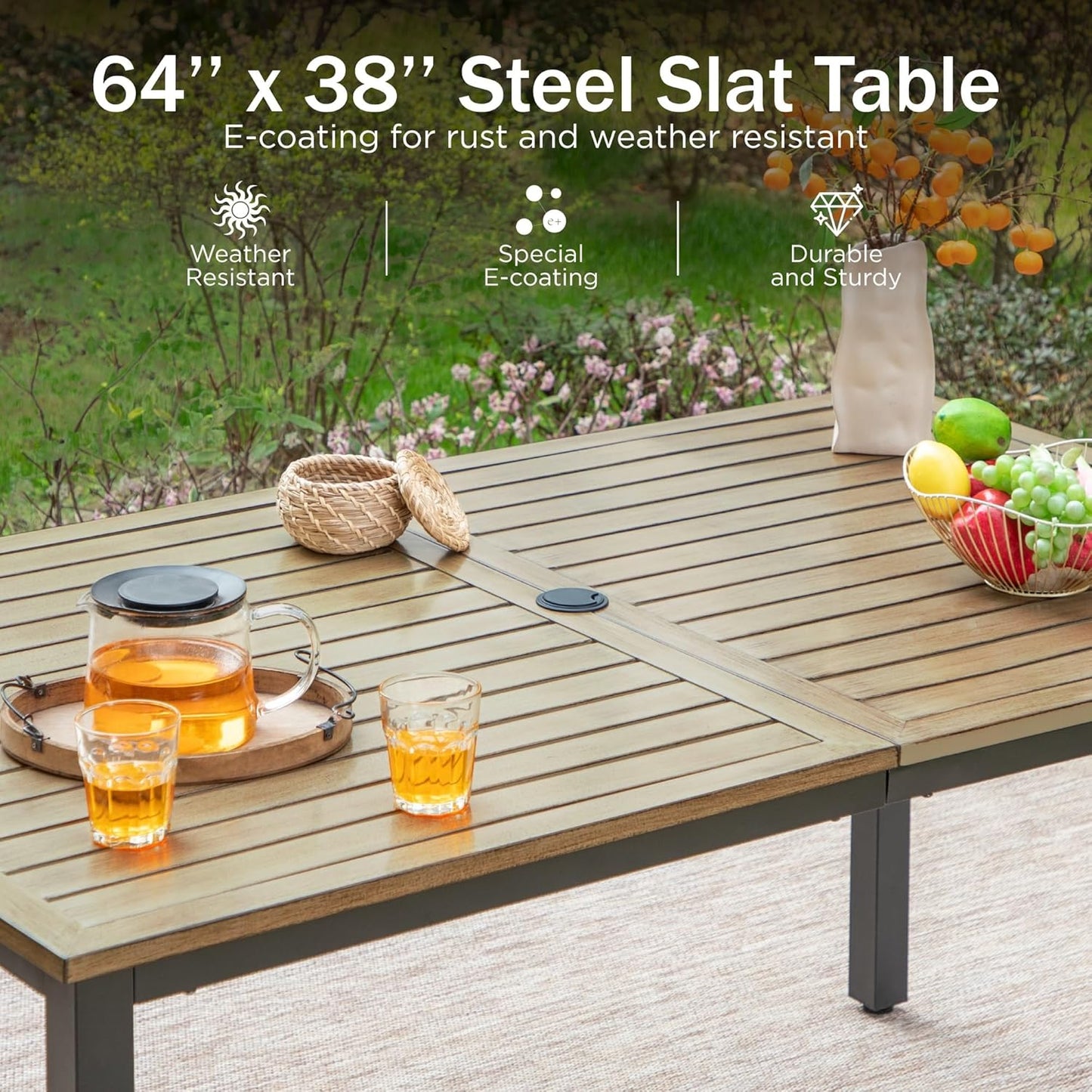 PHI VILLA 64" Rectangle Outdoor Dining Table, Patio Furniture Wood-Like Tabletop with Umbrella Hole for Patio Lawn Backyard Garden, Brown