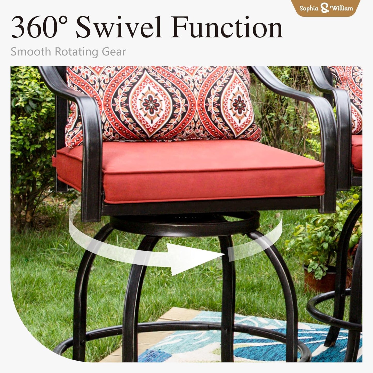 Sophia & William Patio Bar Set 5 Piece Outdoor Dining Set, 4 Swivel Bar Stools Chairs with Red Cushion and 1 Rectangular Bar Height Table, All-Weather Metal Furniture Set for Garden Lawn Backyard