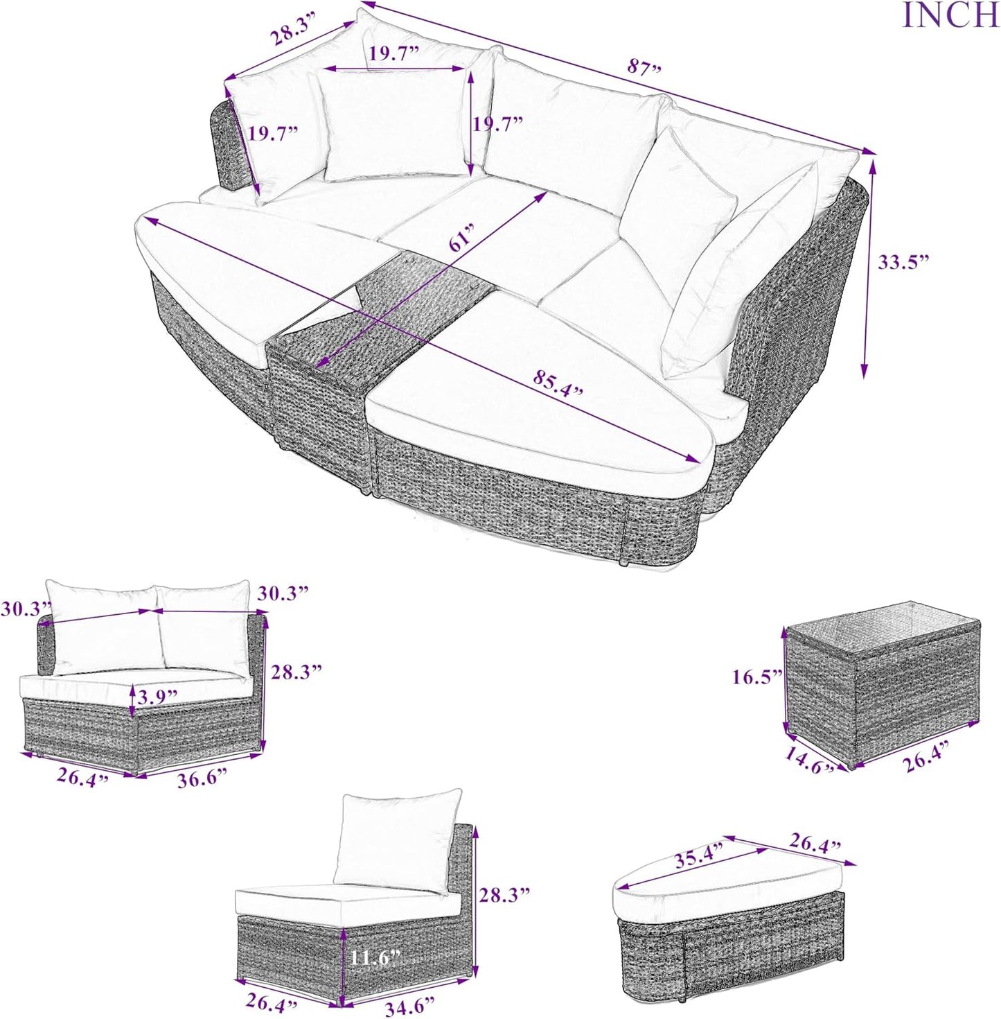 kevinplus Outdoor Patio Outdoor Daybed Patio Sunbed, All-Weather PE Wicker Patio Outdoor Conversation Round Sectional Sofa Couch Set with Coffee Table, Brown
